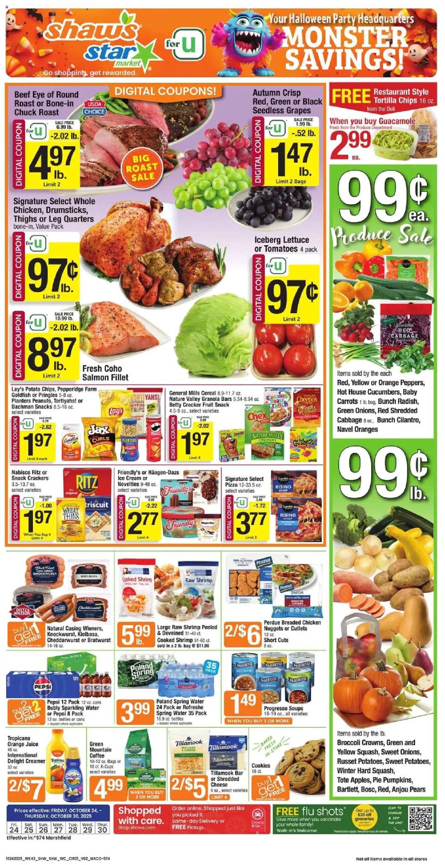 Star Market Weekly Ad - MA - valid from 24.10.2025 | Page: 1 | Products: Beef, Cookies, Ice cream, Grapes