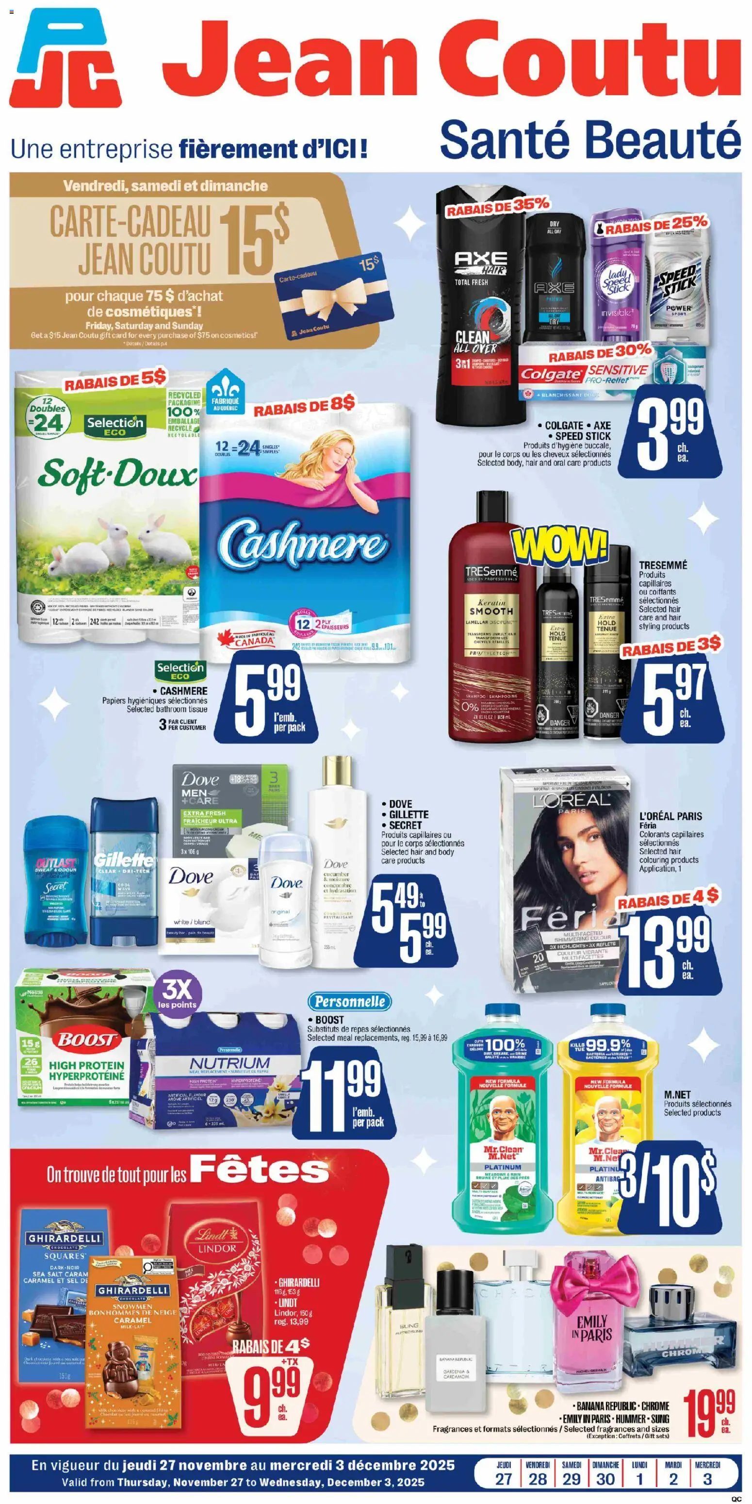 Jean Coutu flyer valid from 27.11.2025 | Page: 1 | Products: Hat, Bag, Shampoo, Conditioner