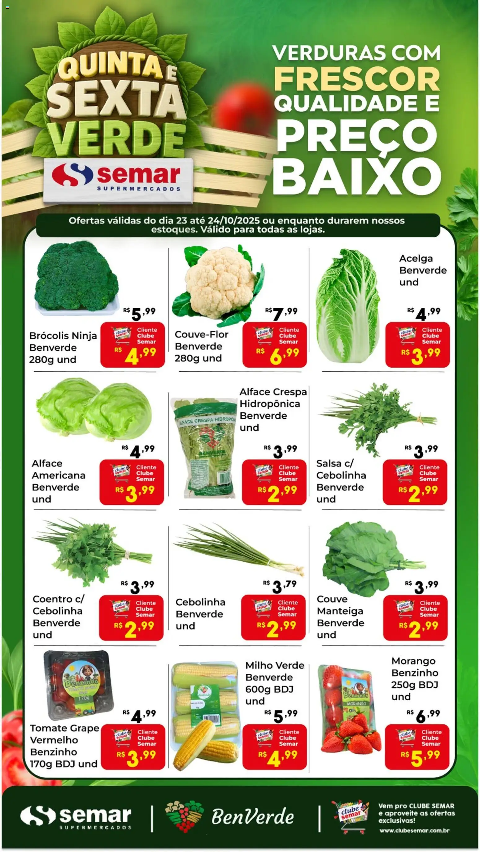 Semar Supermercado Folheto - válido de 23.10.2025 | Página: 1 | Produtos: Milho verde, Baixo, Brócolis, Couve