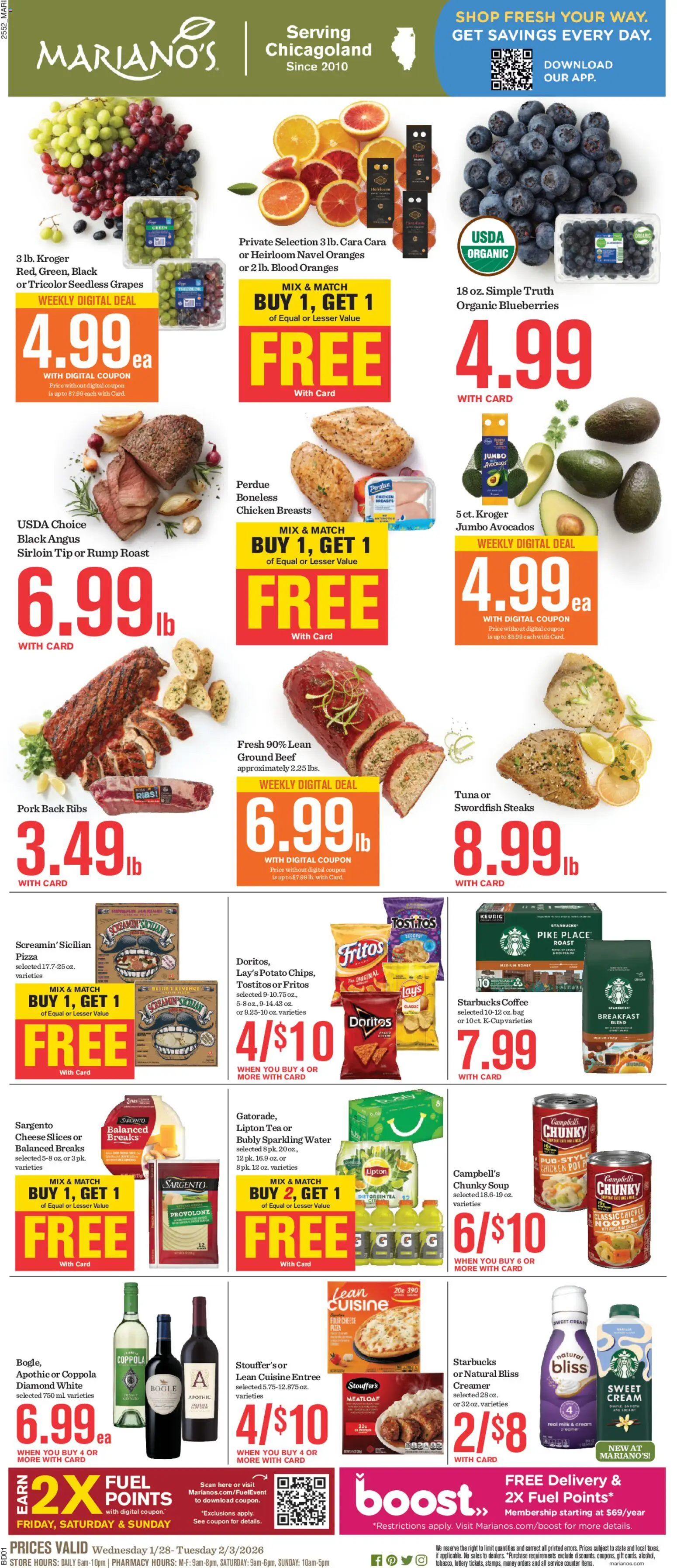 Mariano's Weekly Ad - valid from 28.01.2026 | Page: 1 | Products: Coffee, Oranges, Cream, Grapes
