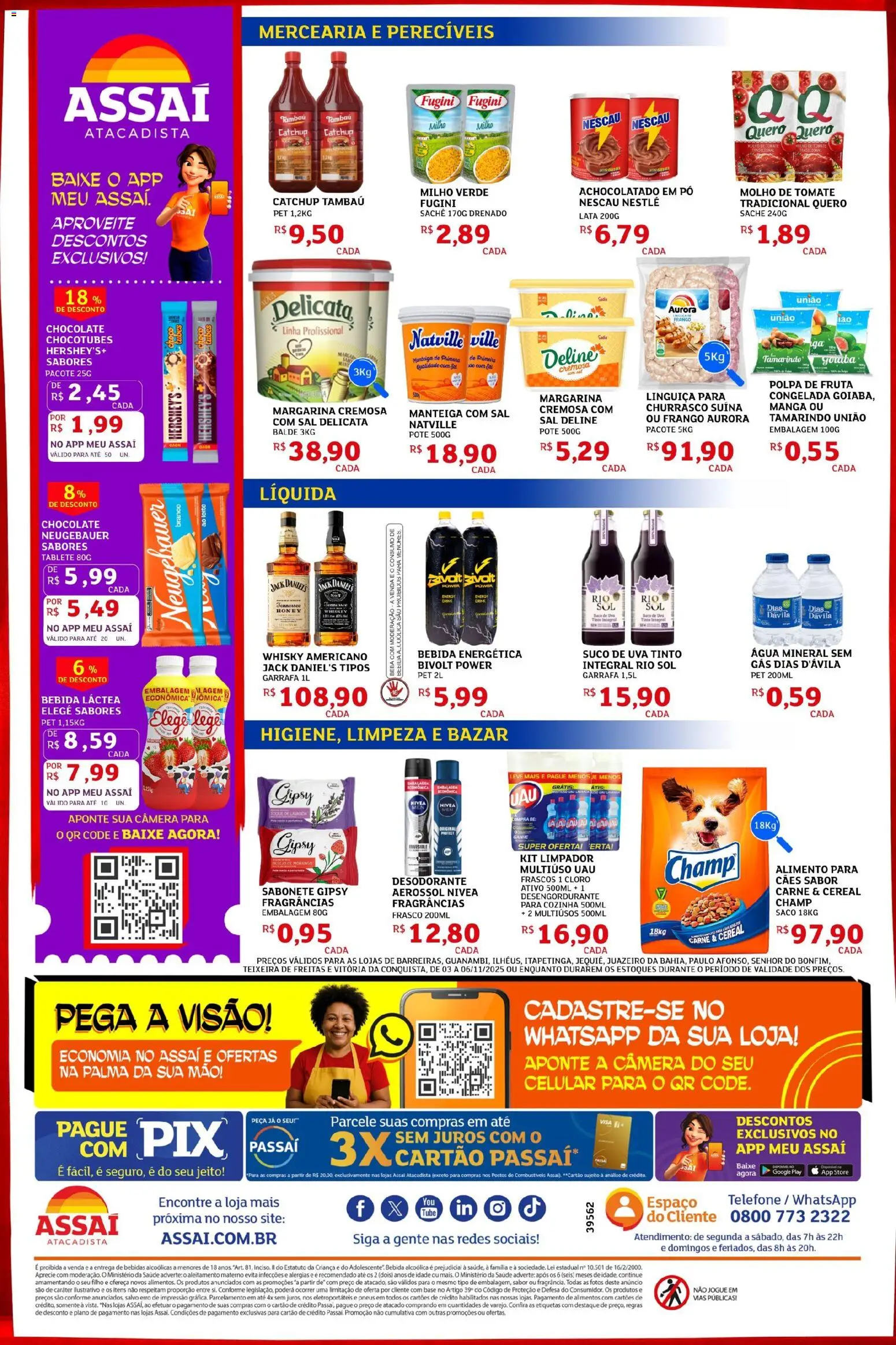 Assaí Atacadista Folheto - válido de 03.11.2025 | Página: 2 | Produtos: Molho de tomate, Linguiça, Chocolate, Sabonete