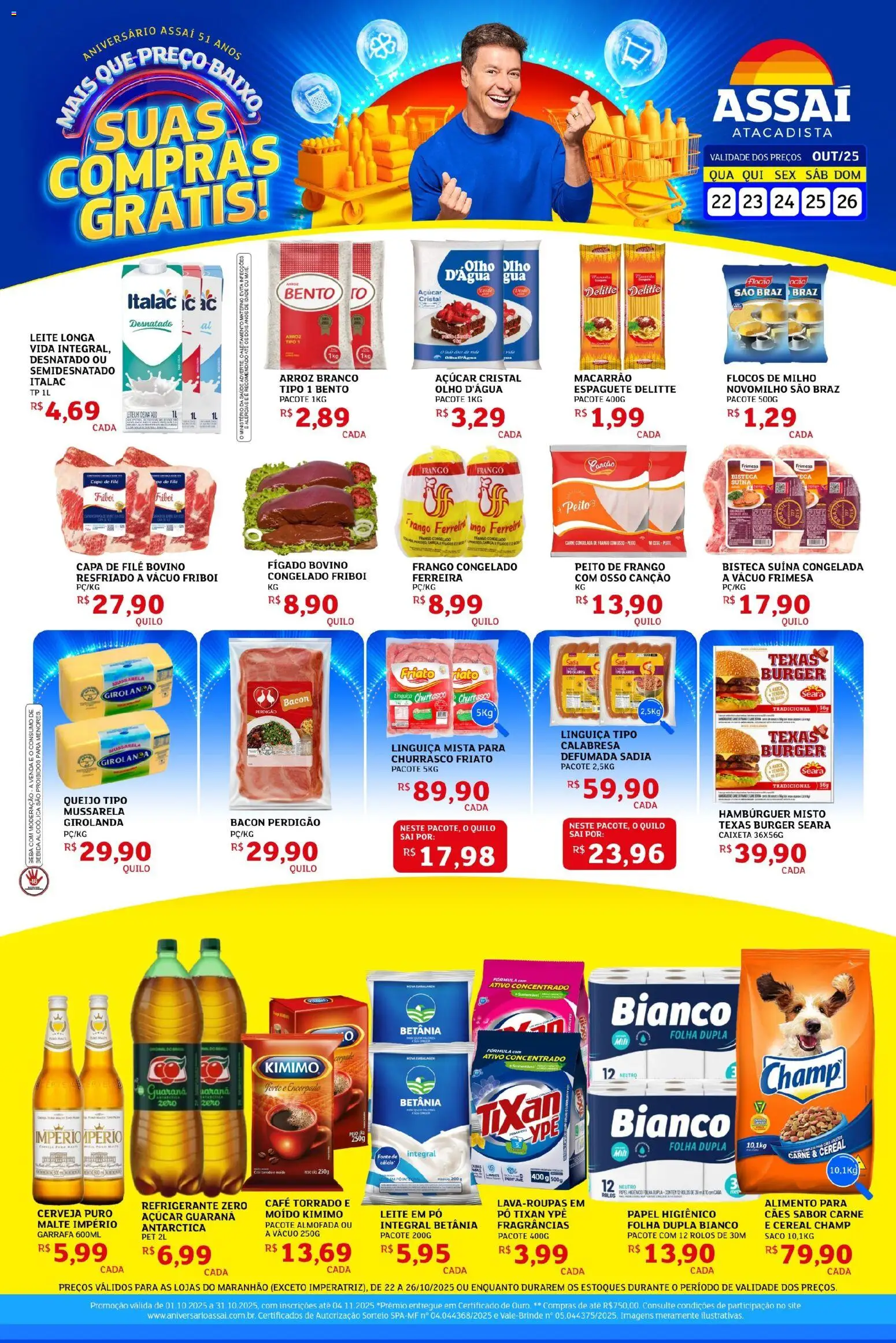 Assaí Atacadista Folheto - válido de 22.10.2025 | Página: 1 | Produtos: Almofada, Linguiça, Queijo, Hambúrguer