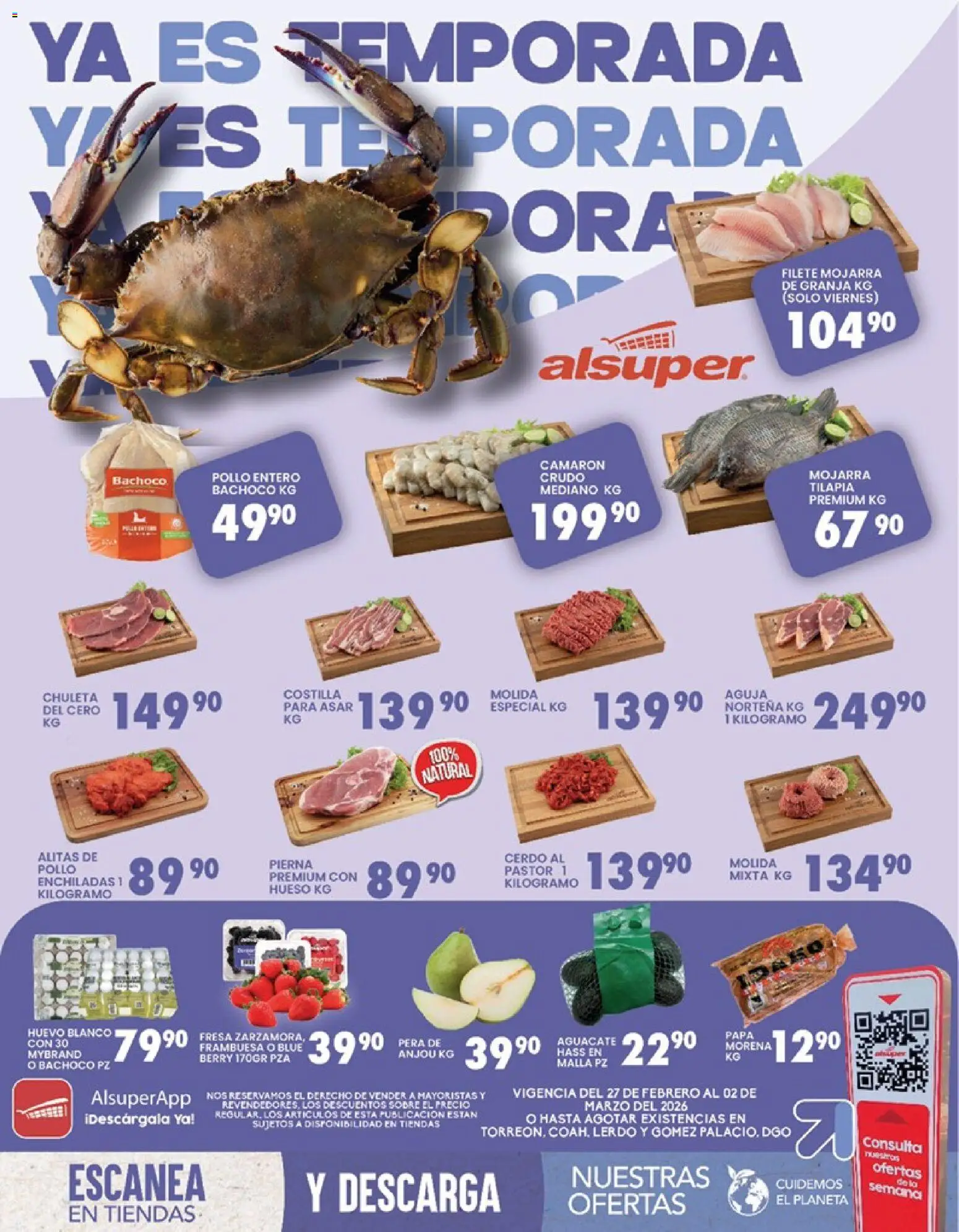 Nuevas ofertas de Alsuper válidas en toda la República Mexicana desde el 27.02.2026. ¡Encuentra las mejores ofertas en Alsuper folleto Laguna! | Página: 1 | Productos: Fresa, Papa, Pera, Aguacate