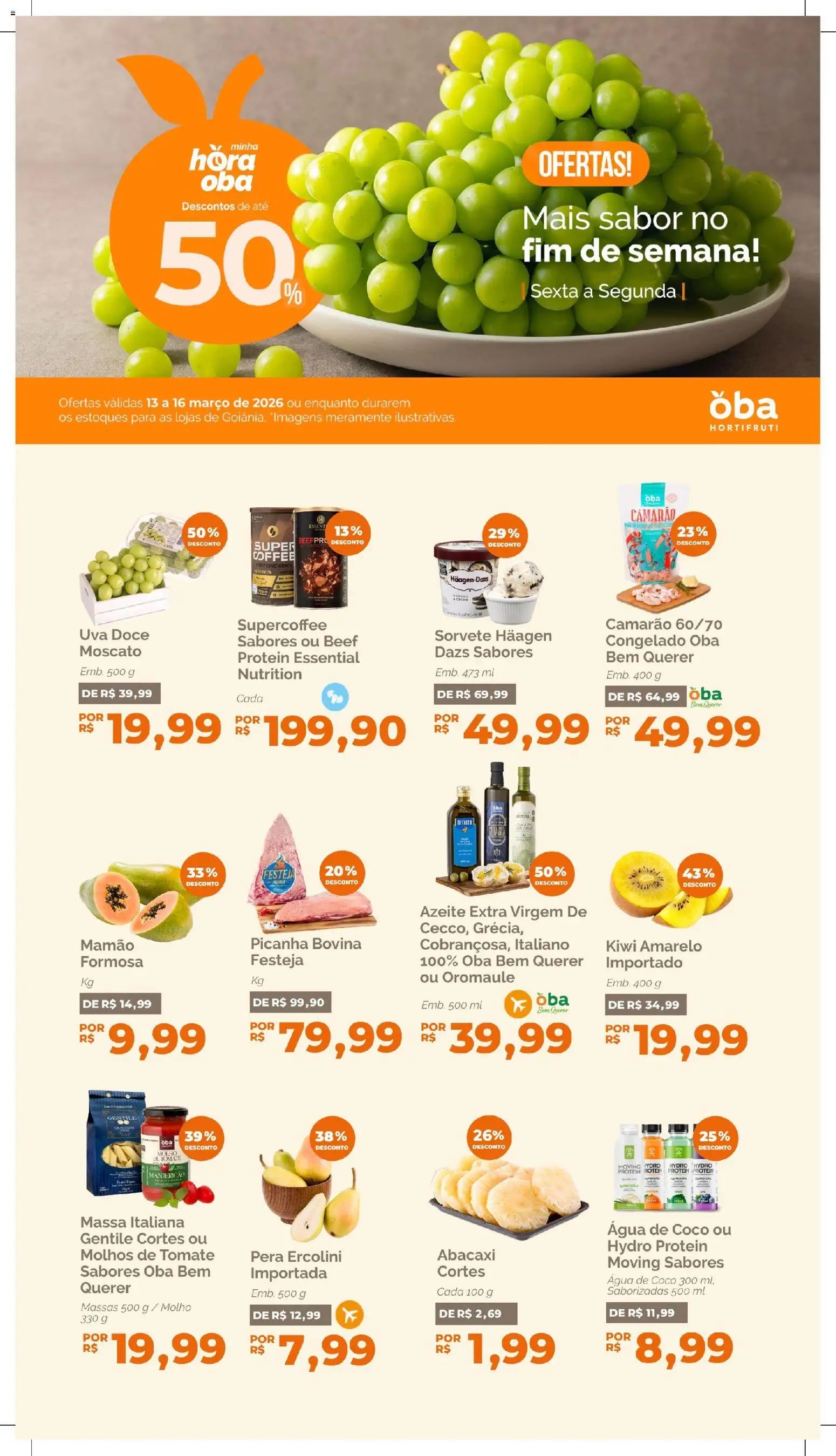 Oba Hortifruti Folheto - válido de 13.03.2026 | Página: 1 | Produtos: Pera, Manjericão, Água de coco, Massa