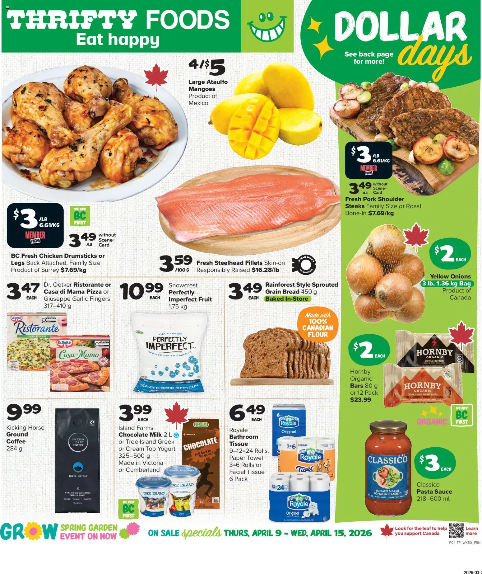 Thrifty Foods flyer valid from 09.04.2026 | Page: 1 | Products: Cream, Yogurt, Bread, Chicken