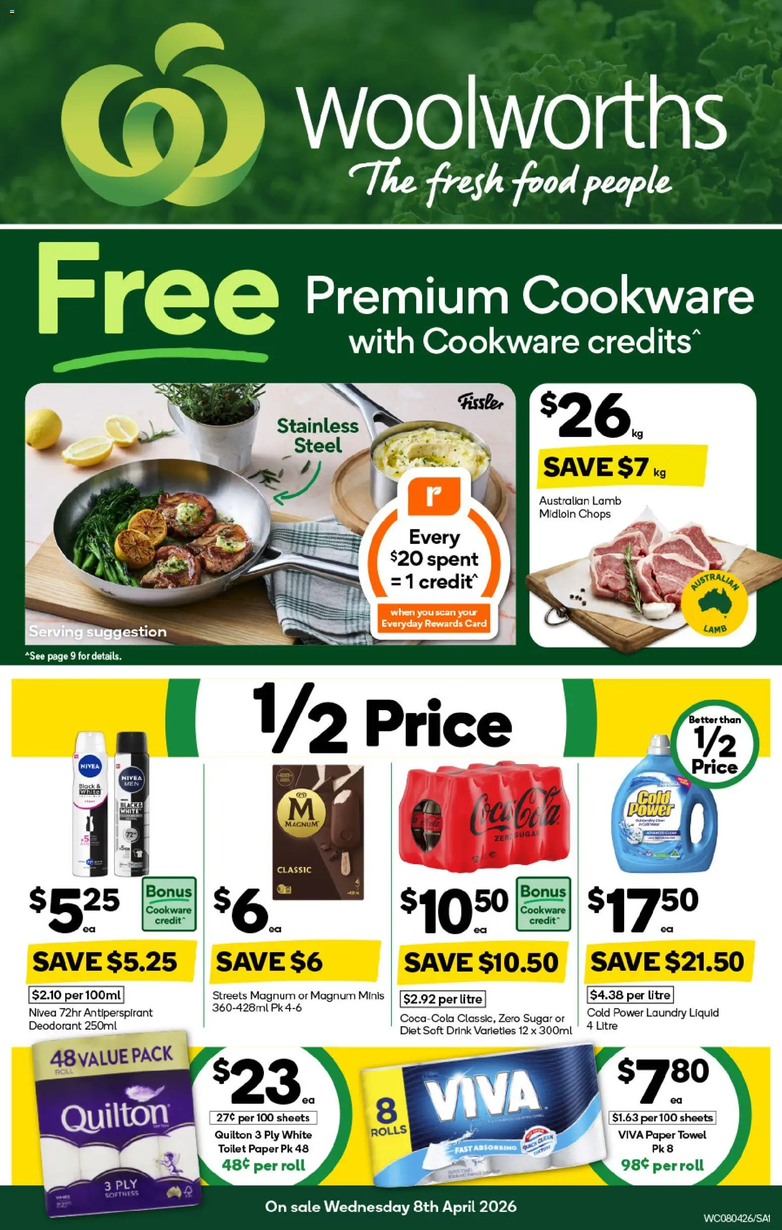 Woolworths catalogue - valid from 08.04.2026 | Page: 1 | Products: Lamb, Cookware, Toilet paper, Laundry