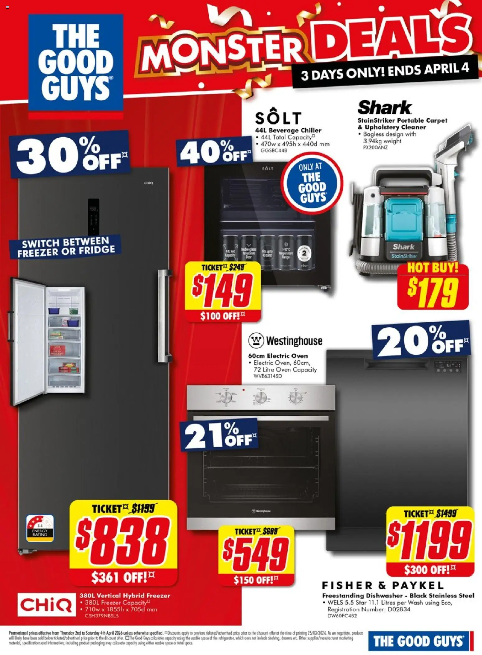 The Good Guys catalogue - valid from 01.04.2026 | Page: 3 | Products: Carpet, Portable, Freezer, Weight