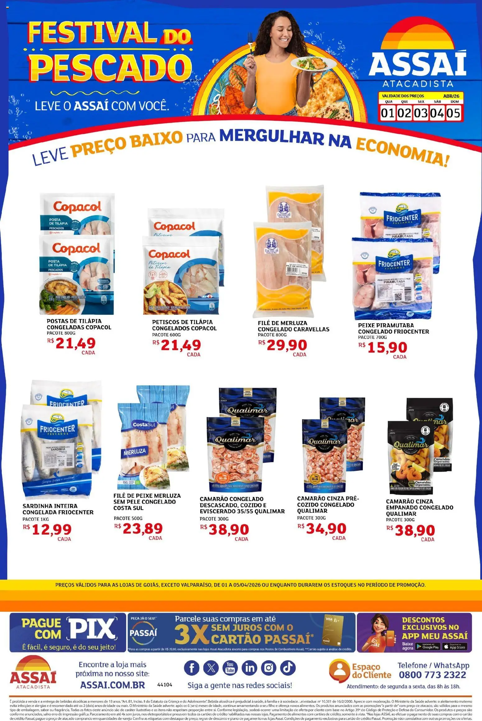 Assaí Atacadista Folheto - válido de 01.04.2026 | Página: 1 | Produtos: Camarão, Tilápia, Bebida, Telefone