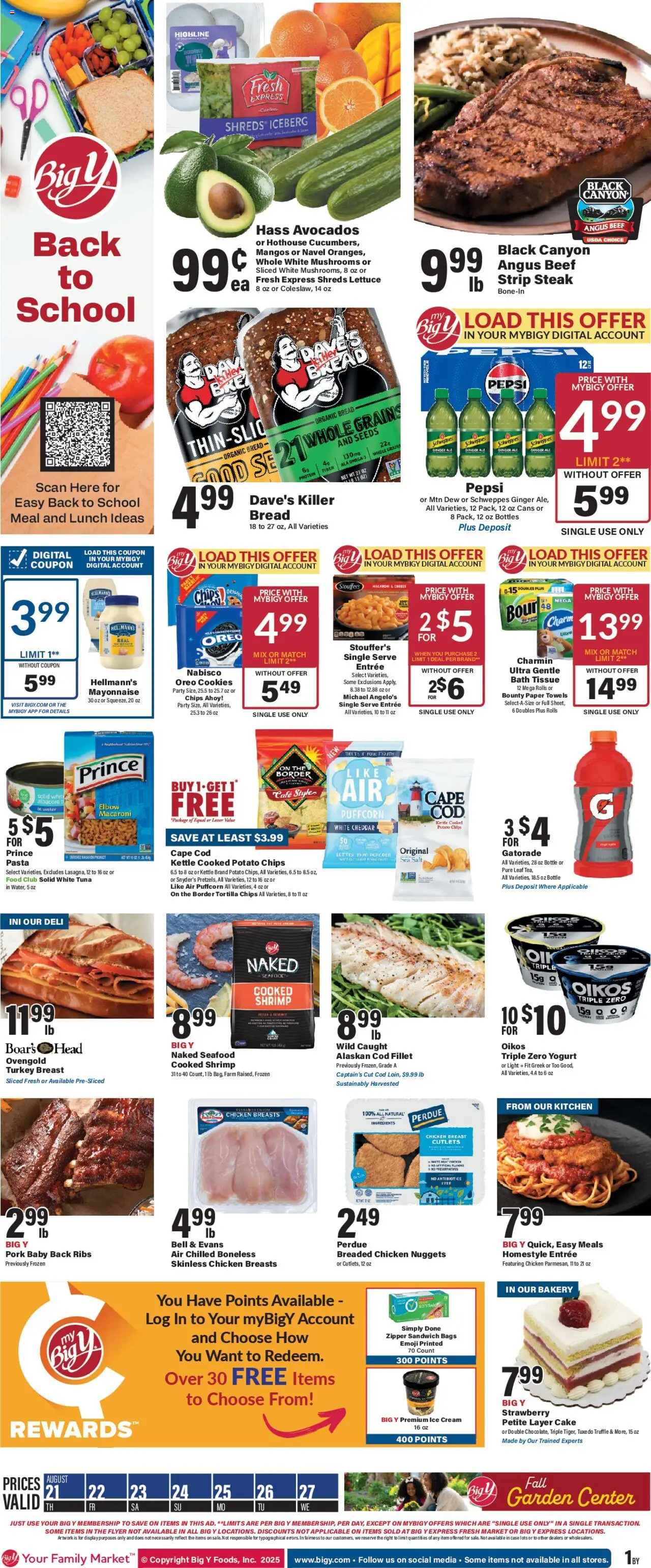 Big Y Weekly Ad - valid from 21.08.2025 | Page: 1 | Products: Bakery, Pork, Chips, Ice cream