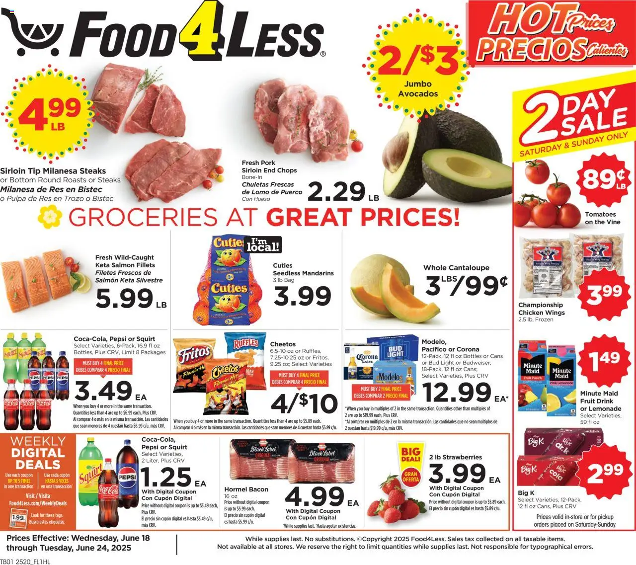 Food 4 Less Weekly Ad - valid from 18.06.2025 | Page: 1 | Products: Mandarins, Tomatoes, Strawberries, Bag