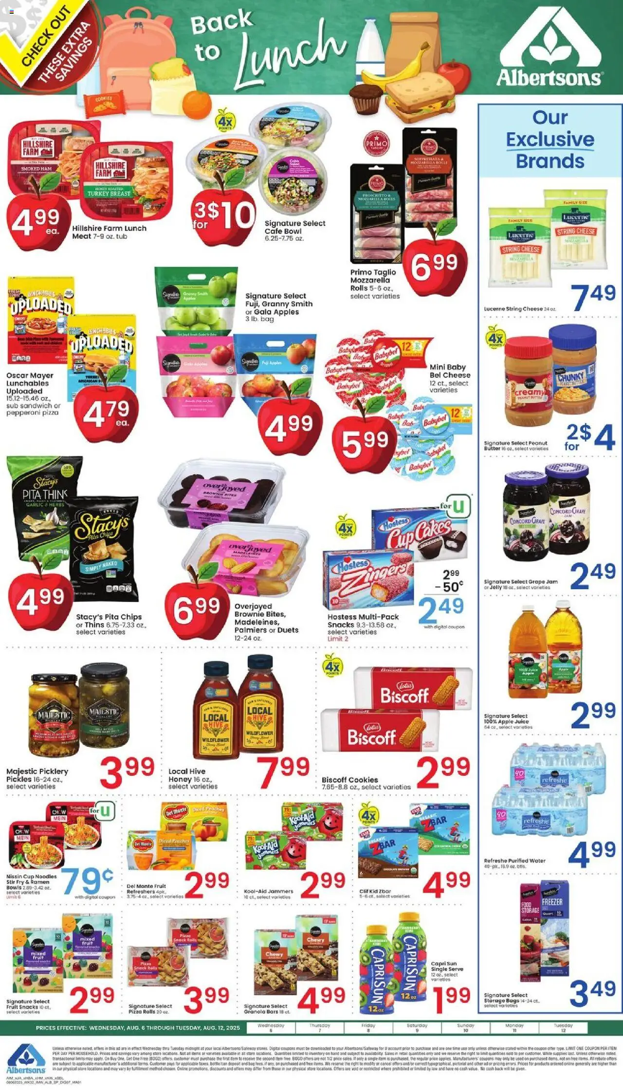 Albertsons Specialty Publication - valid from 06.08.2025 | Page: 1 | Products: Pizza, Chips, Water, Garlic