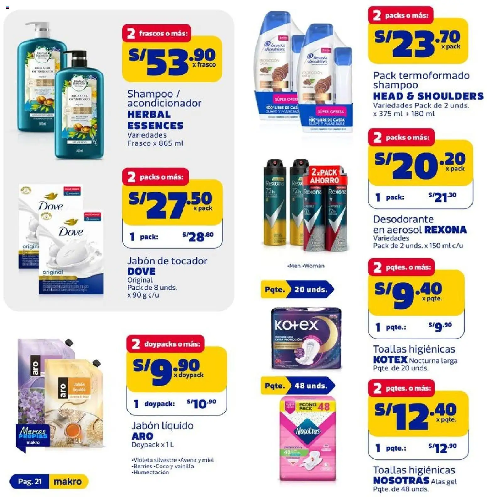Catálogo Makro válido desde 09.04.2026 | Página: 21 | Productos: Shampoo, Acondicionador, Jabón, Desodorante