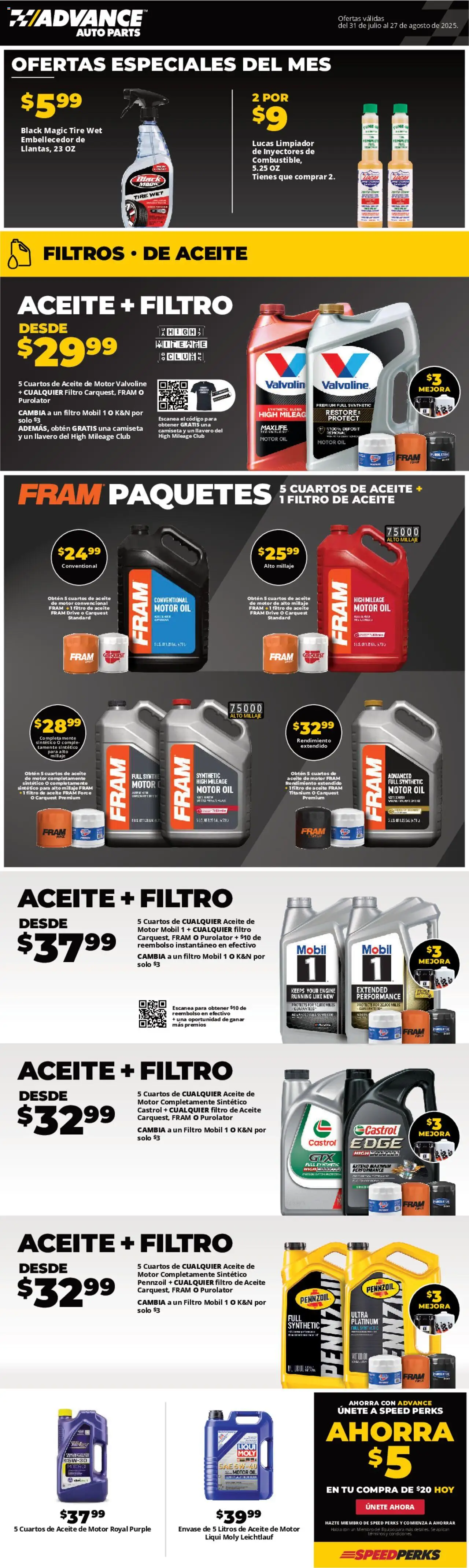 Advance Auto Parts Weekly Ad - Spanish - valid from 31.07.2025 | Page: 1 | Products: Tire, Oil, Motor Oil