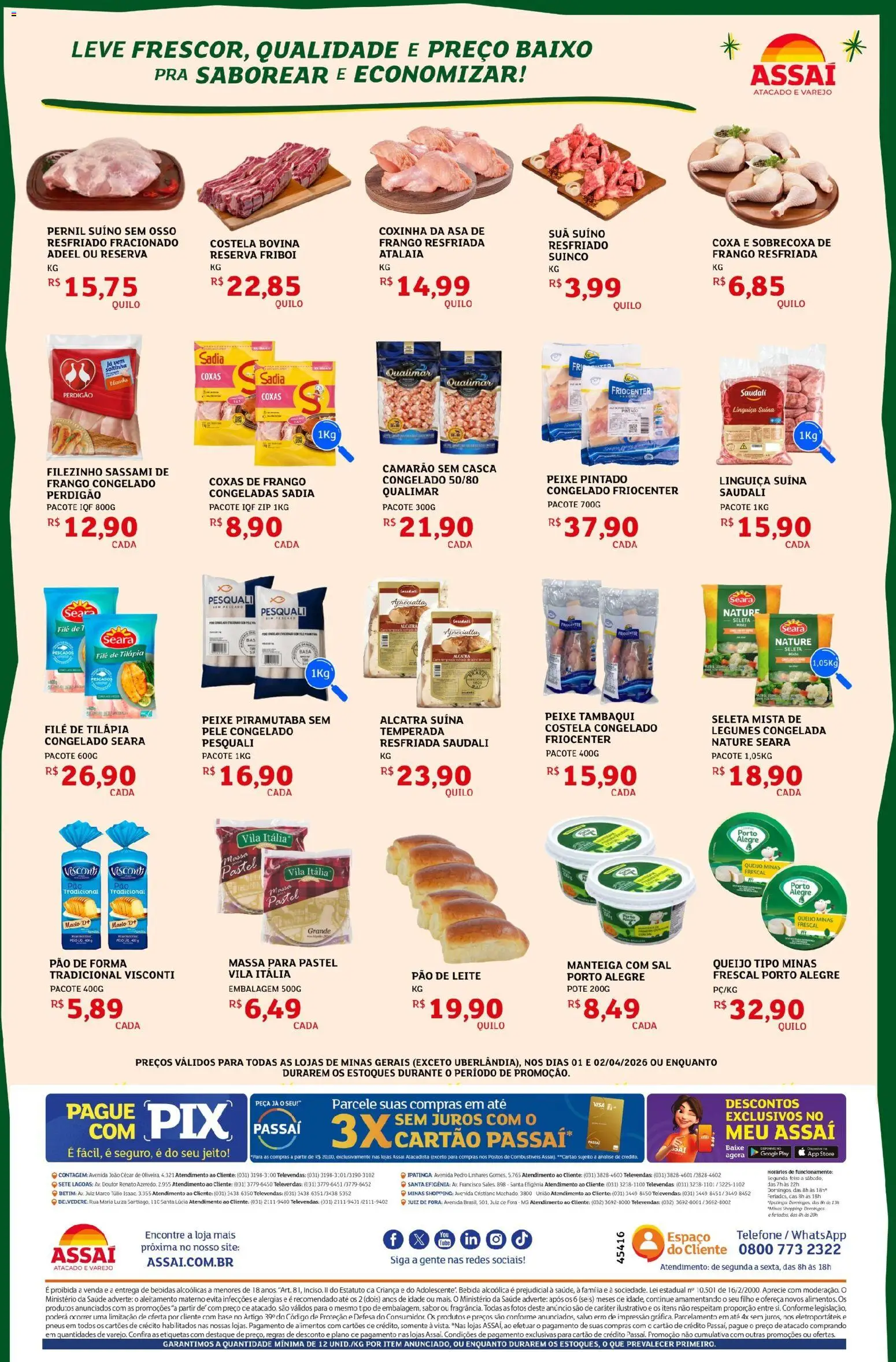 Assaí Atacadista Folheto - válido de 01.04.2026 | Página: 2 | Produtos: Manteiga, Camarão, Queijo, Peixe