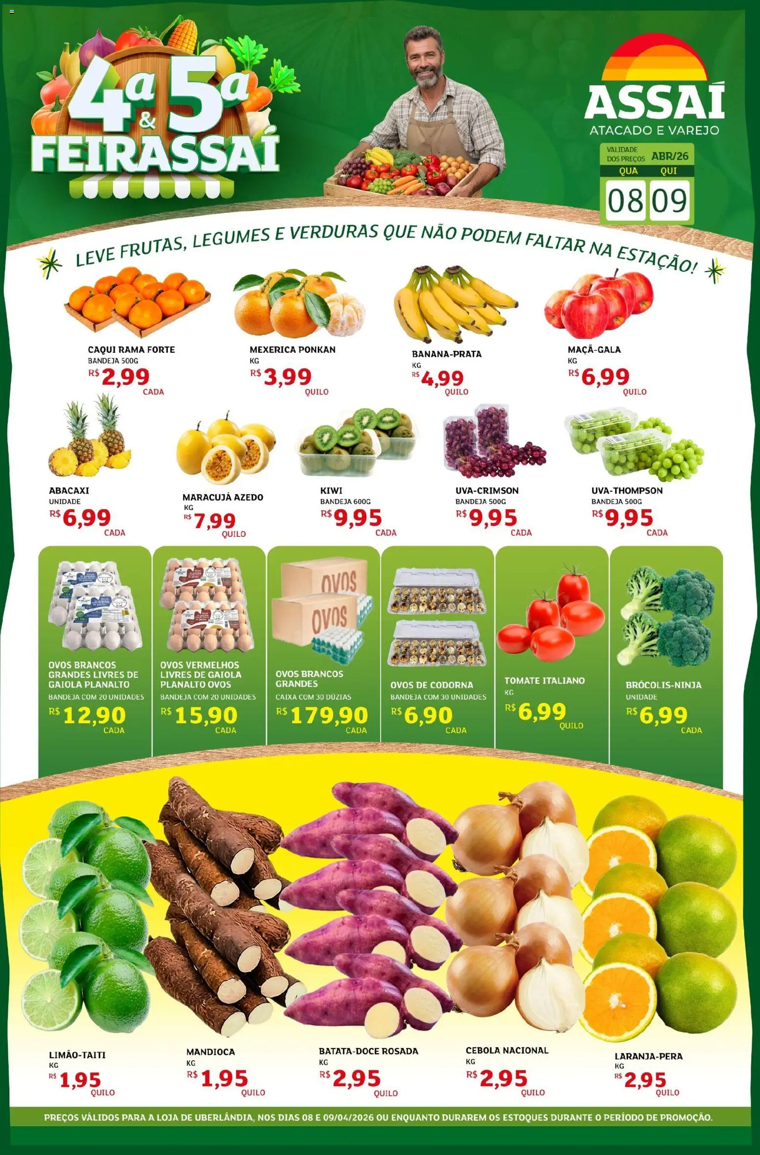 Assaí Atacadista Folheto - válido de 08.04.2026 | Página: 1 | Produtos: Caqui, Maracujá, Mandioca, Ovos de codorna