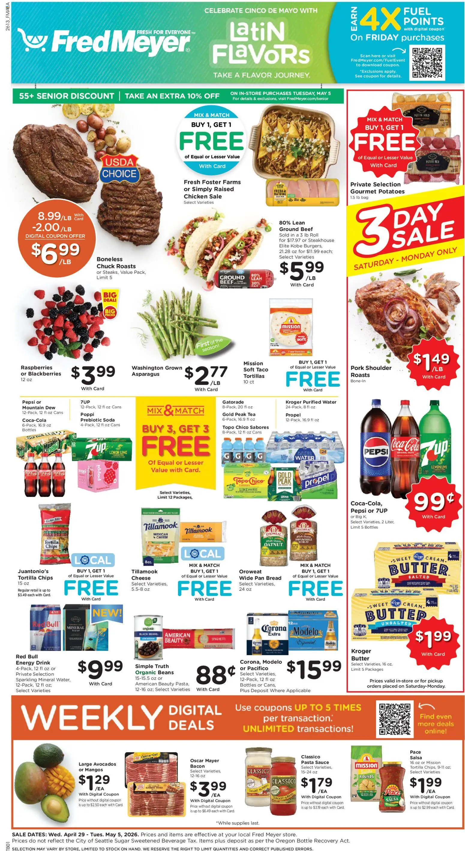 Fred Meyer Weekly Ad - valid from 29.04.2026 | Page: 1 | Products: Pan, Cheese, Beef, Chips