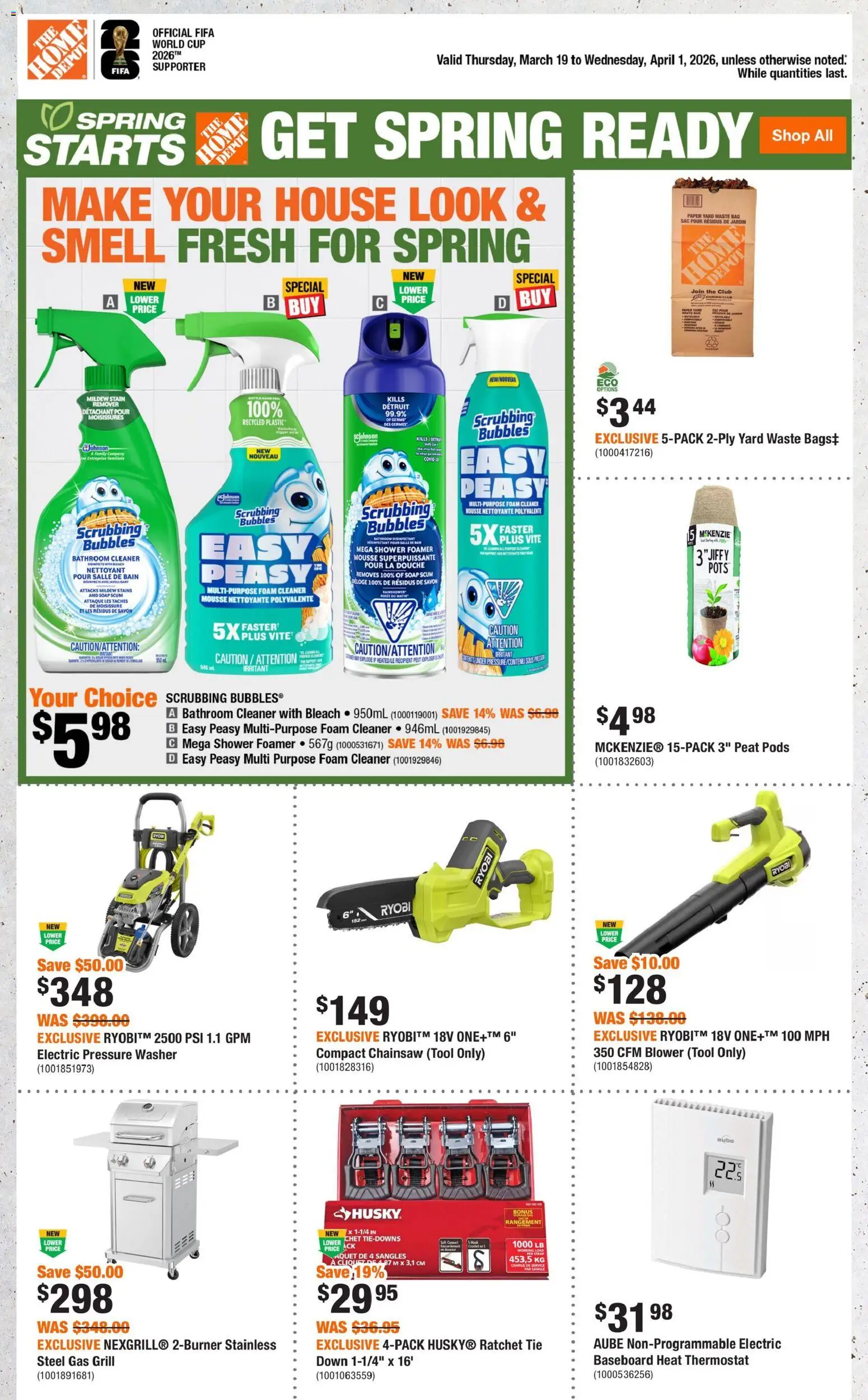 Home Depot flyer valid from 19.03.2026 | Page: 1 | Products: Bag, Grill, Soap, Shower