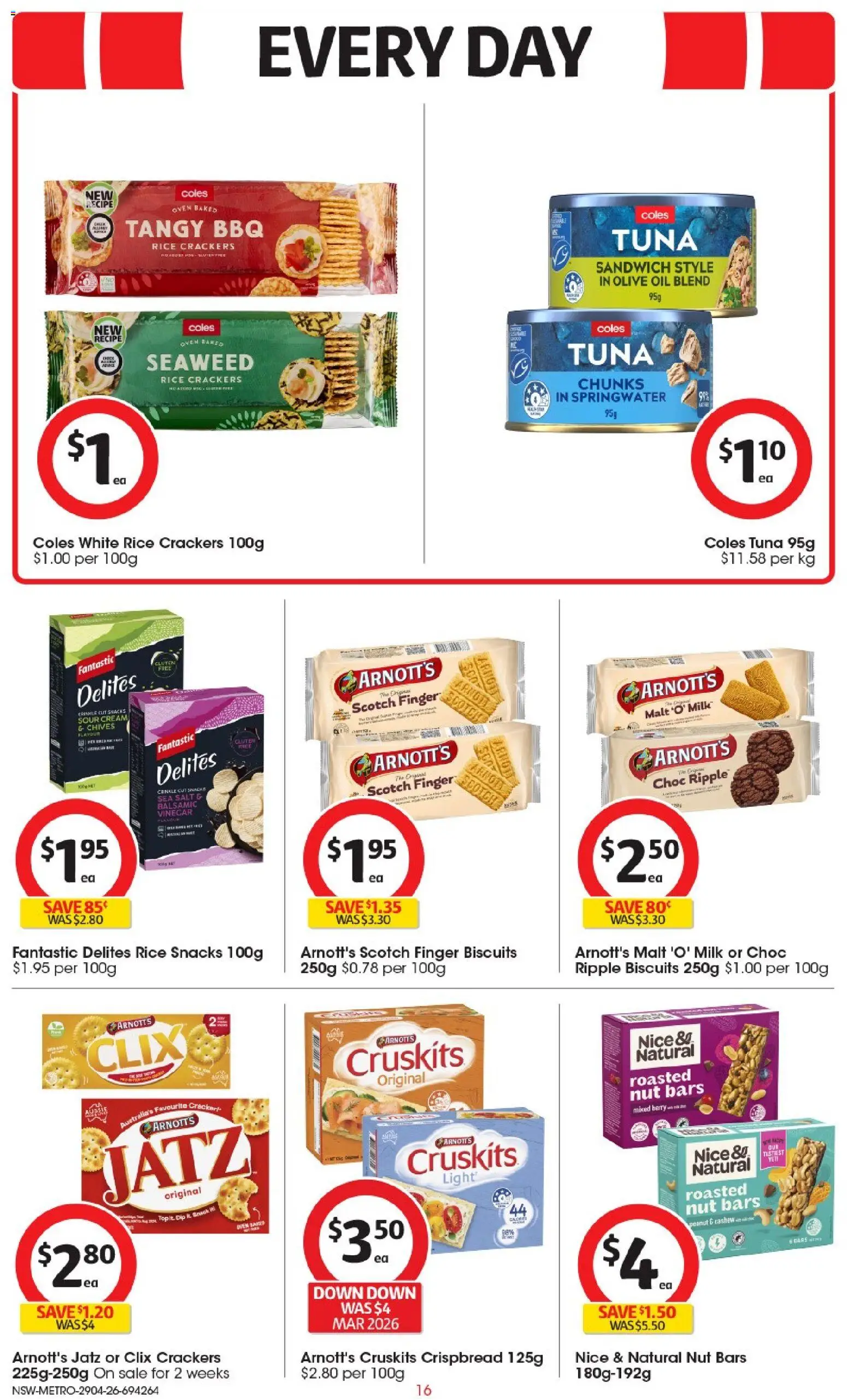 Coles catalogue - valid from 29.04.2026 | Page: 16 | Products: Crackers, Milk, Olive oil, Tuna