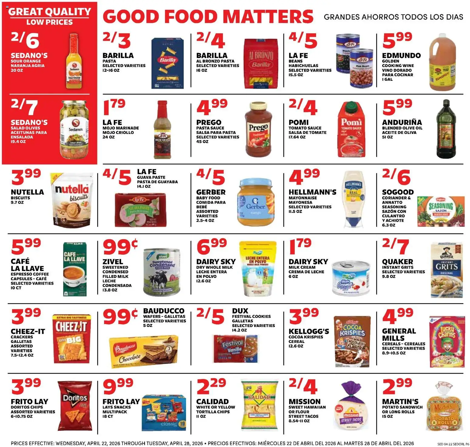 Sedano's Weekly Ad - valid from 22.04.2026 | Page: 6 | Products: Milk, Cereals, Cream, Sauce