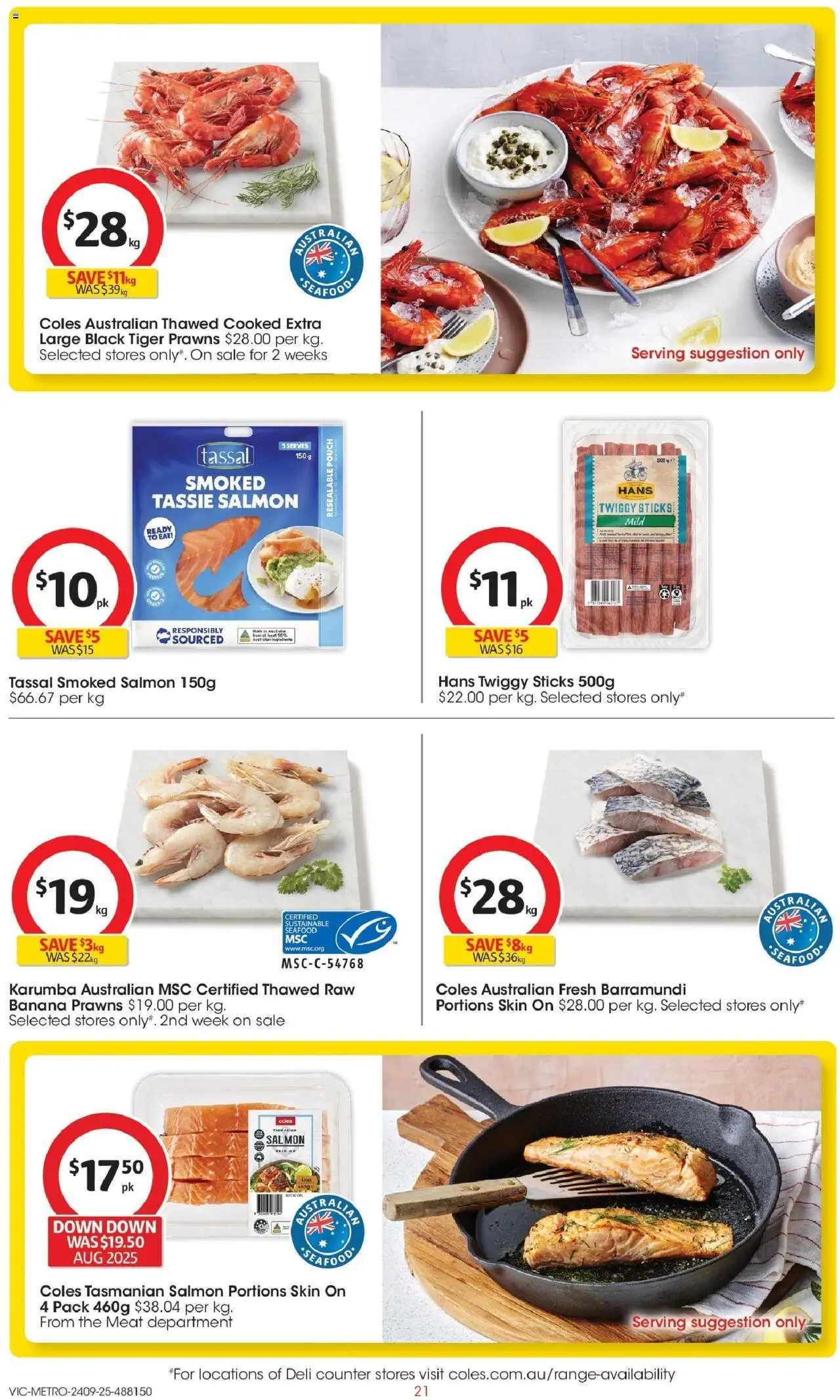 Coles catalogue - valid from 24.09.2025 | Page: 21 | Products: Meat, Prawns, Salmon, Seafood