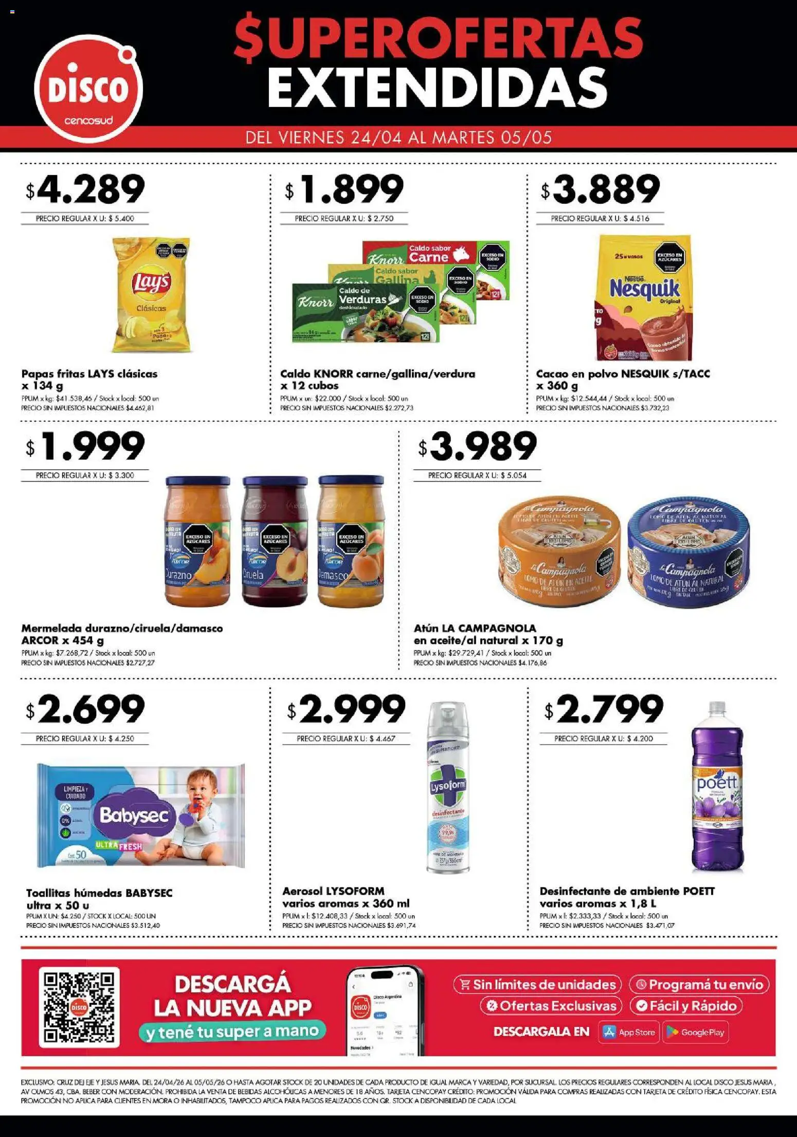 Disco - Super Ofertas Extendidas │ válido desde el 24.04.2026 | Página: 4 | Productos: Desinfectante, Durazno, Mermelada, Papas fritas
