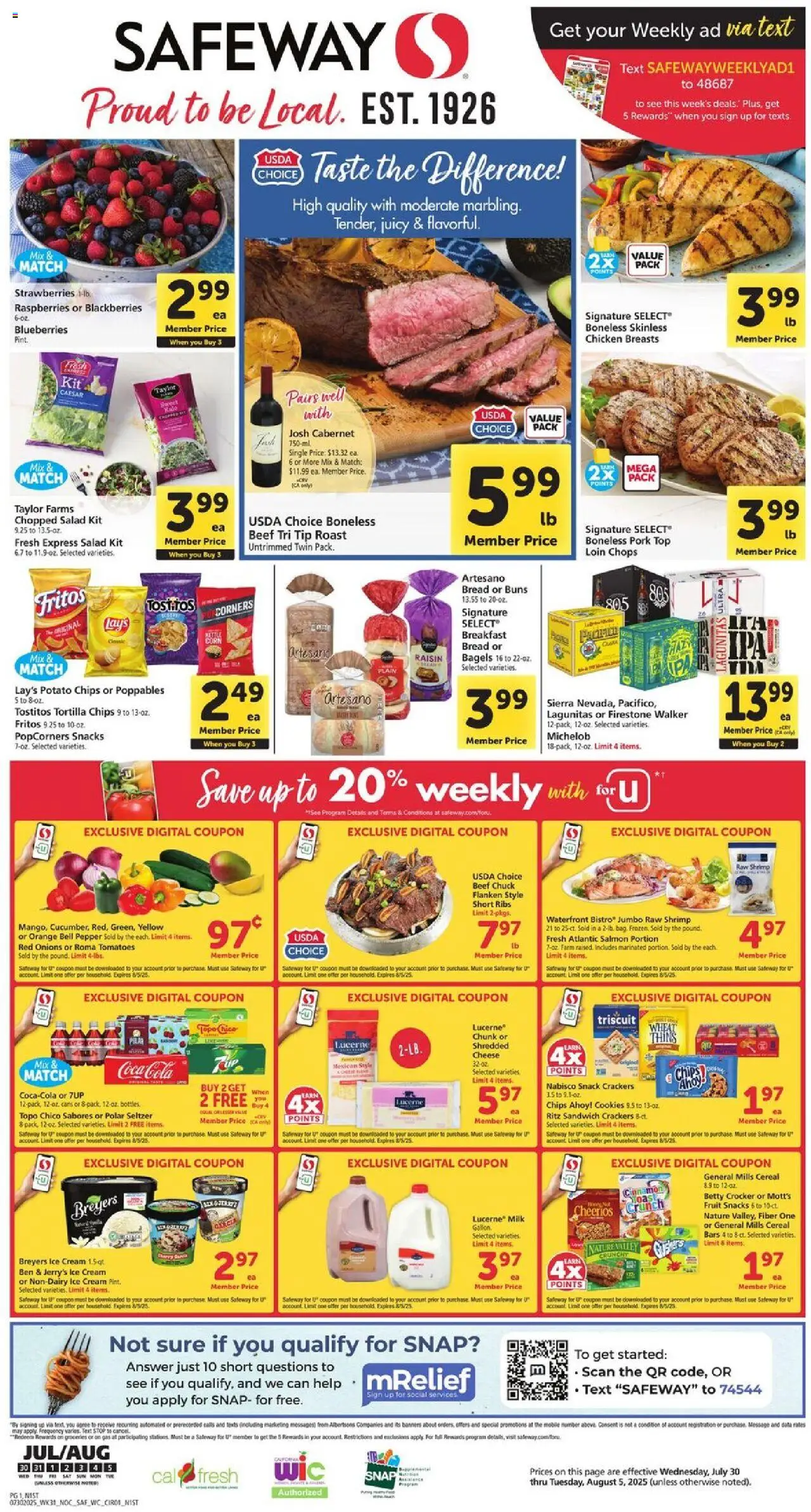Safeway Weekly Ad - CA - valid from 30.07.2025 | Page: 1 | Products: Tomatoes, Beef, Cream, Salad