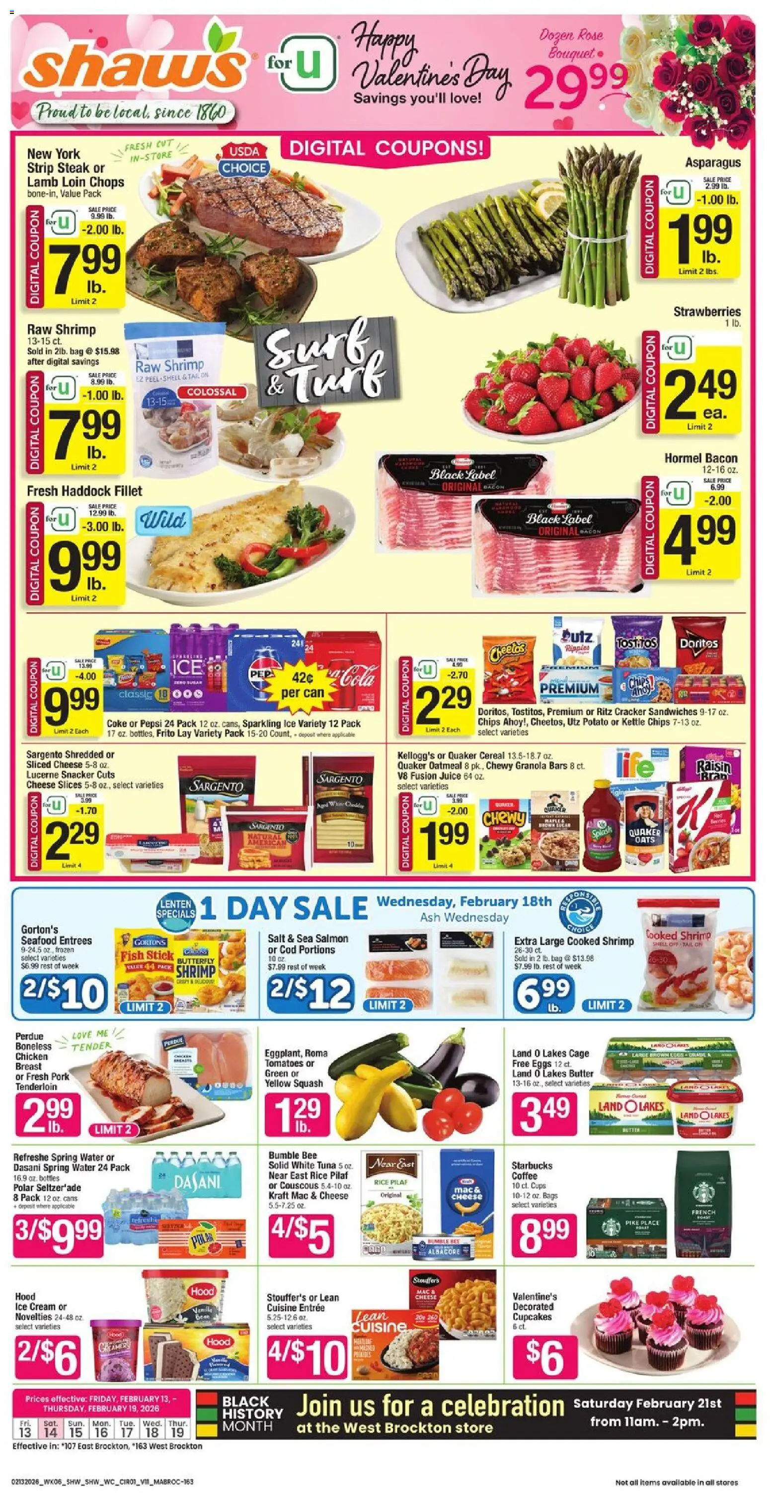 Shaw's Weekly Ad - MA - valid from 13.02.2026 | Page: 1 | Products: Squash, Tomatoes, Strawberries, Salt