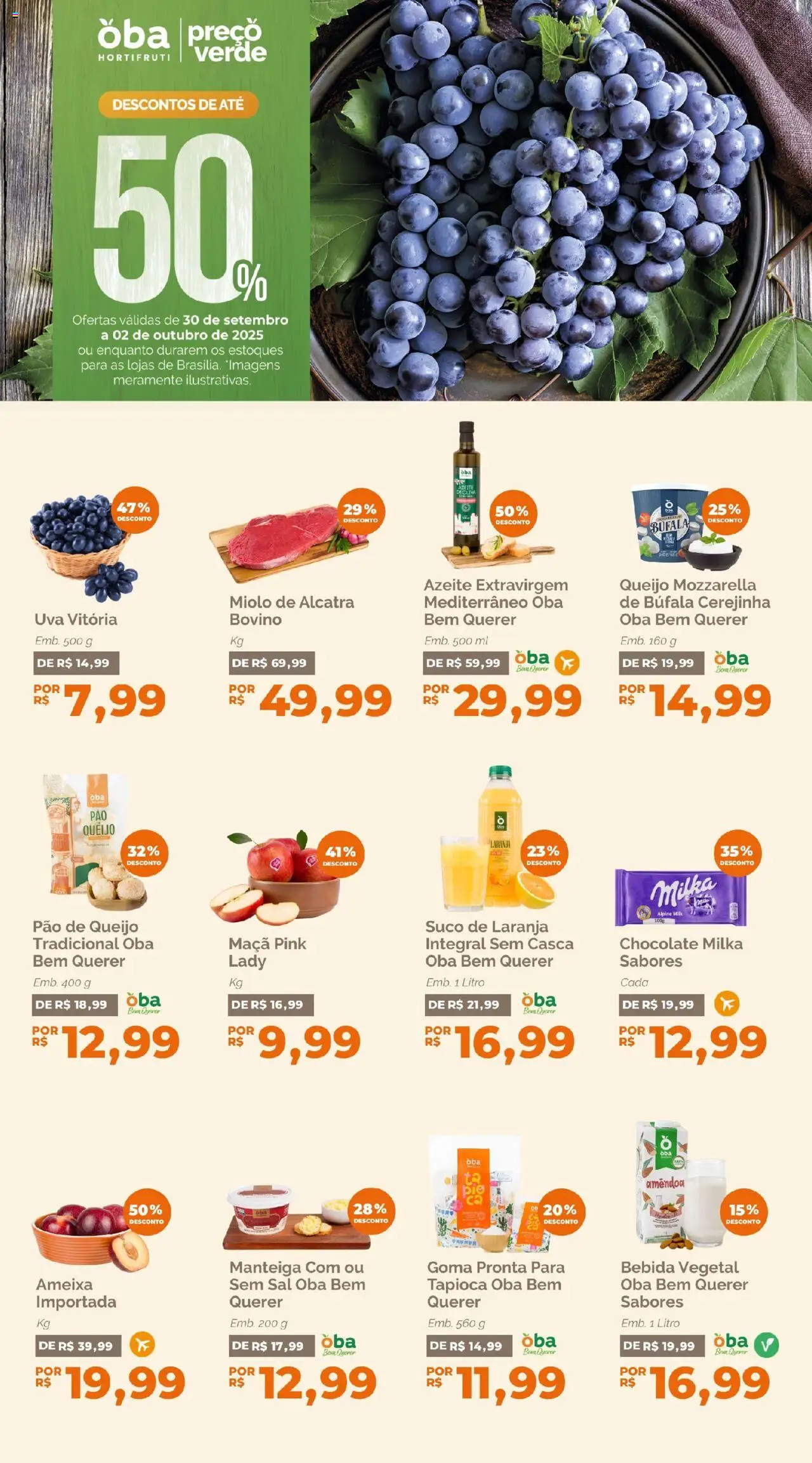 Oba Hortifruti Folheto - válido de 30.09.2025 | Página: 1 | Produtos: Chocolate, Suco, Azeite, Pão de queijo
