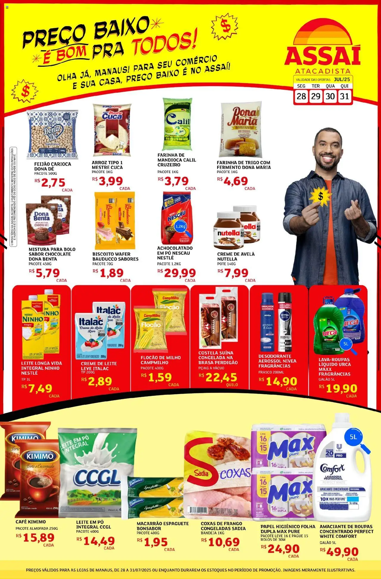 Assaí Atacadista Folheto - válido de 28.07.2025 | Página: 1 | Produtos: Feijão, Mandioca, Achocolatado, Amaciante