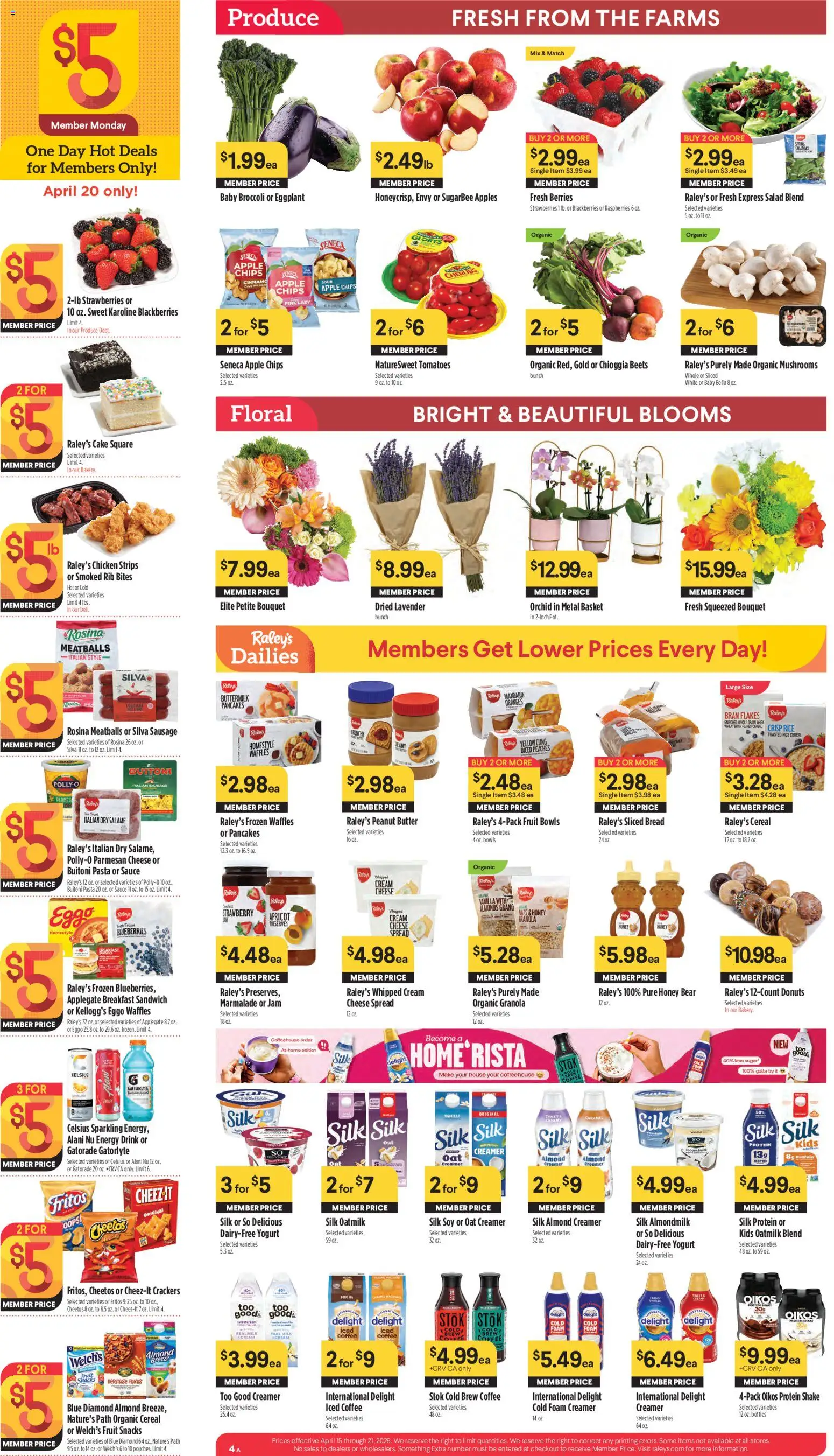 Raley's Weekly Ad - valid from 15.04.2026 | Page: 4 | Products: Basket, Soap, Cream, Blueberries
