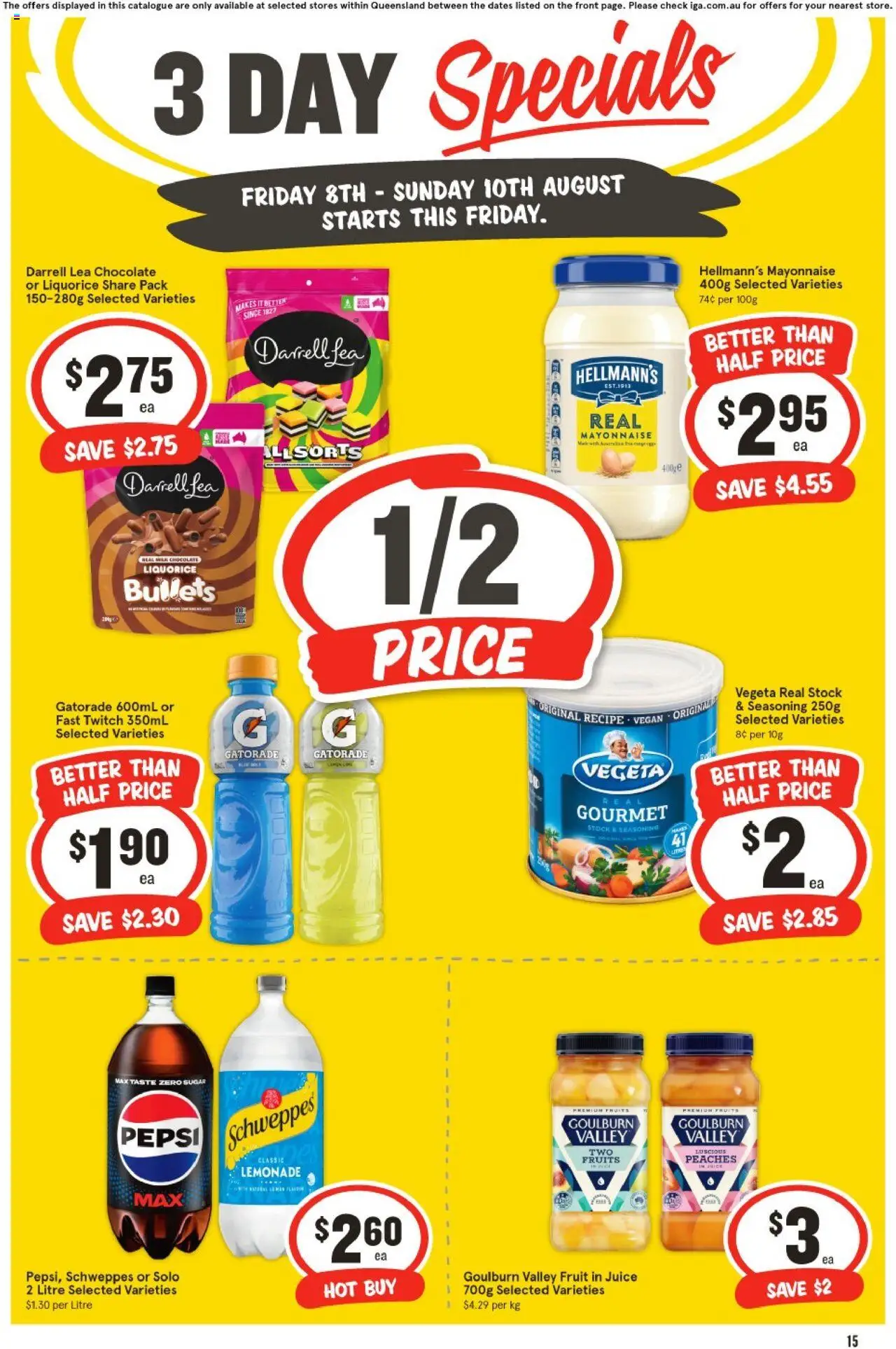 IGA catalogue - valid from 08.08.2025 | Page: 3 | Products: Chocolate, Pepsi, Fruits, Mayonnaise