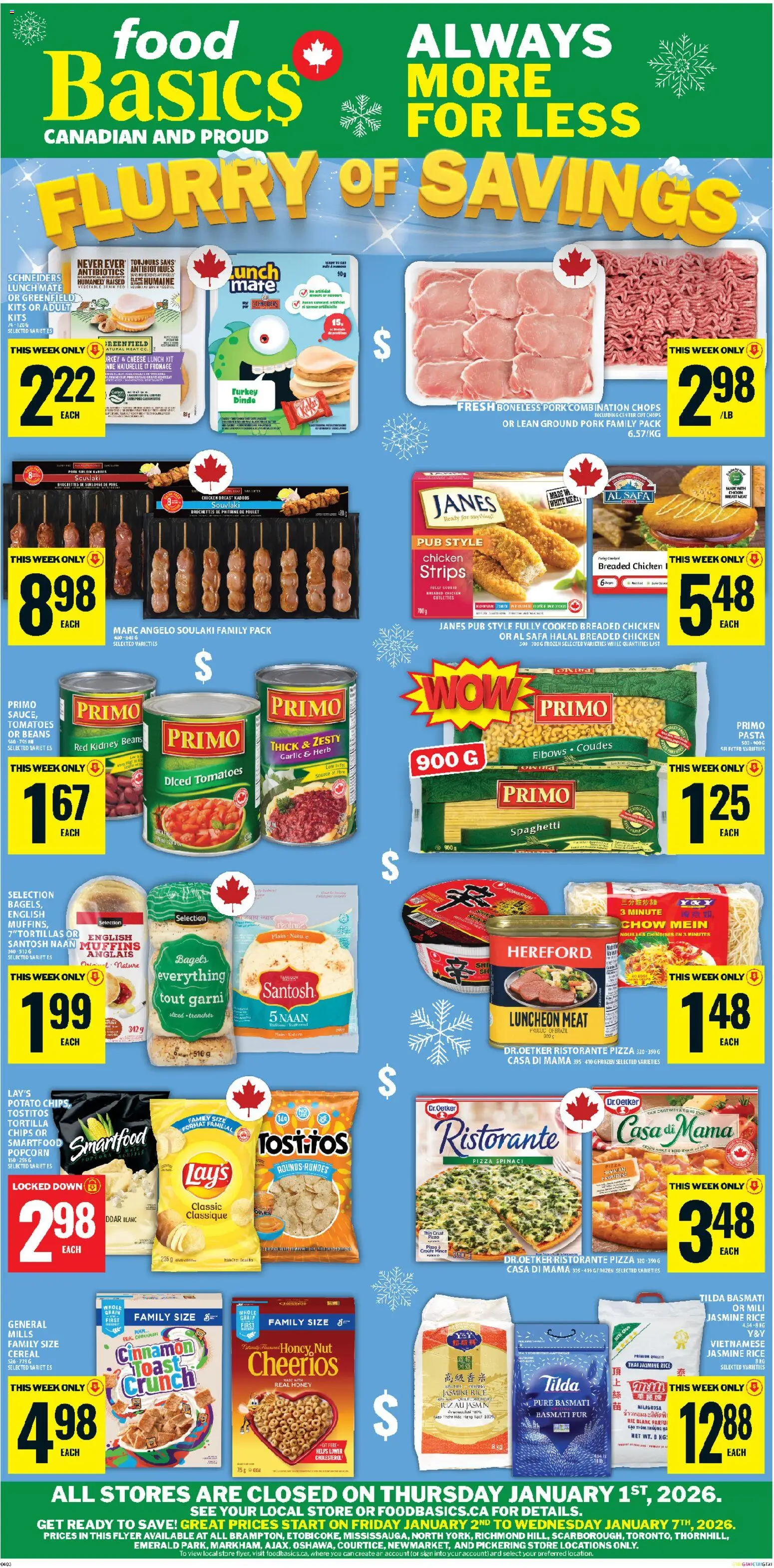 Food Basics flyer valid from 01.01.2026 | Page: 1 | Products: Pasta, Turkey, Cheese, Tomatoes