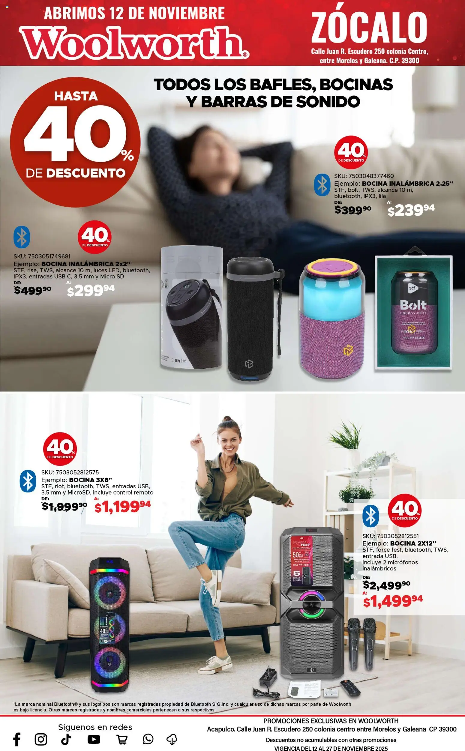 Nuevas ofertas de Del Sol y Woolworth válidas en toda la República Mexicana desde el 12.11.2025. ¡Encuentra las mejores ofertas en Del Sol y Woolworth catálogo Apertura Acapulco Centro 217! | Página: 20 | Productos: Micro SD, Control remoto, Bocina, Zócalo