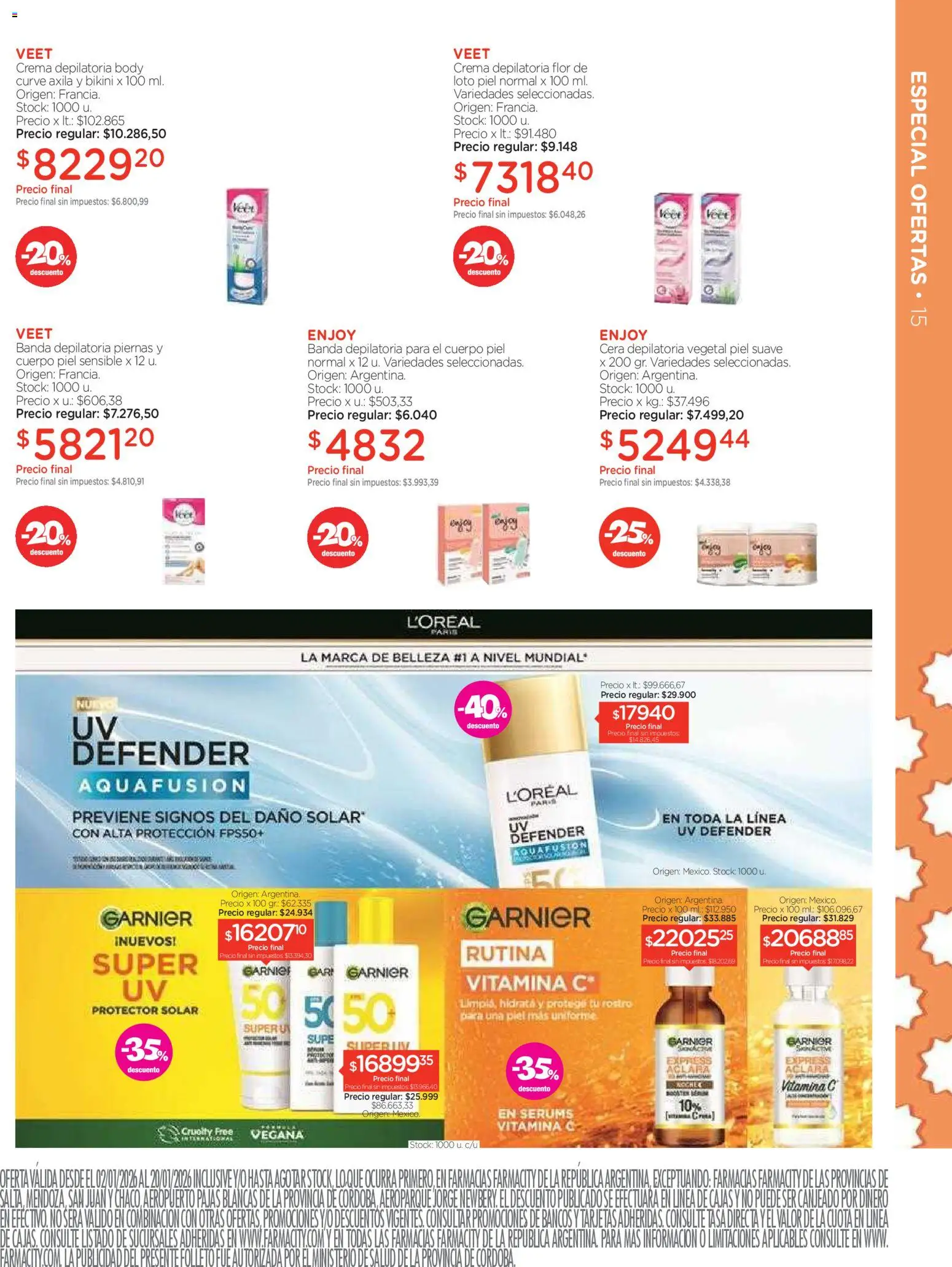 Farmacity catálogo │ válido desde el 02.01.2026 | Página: 15 | Productos: Body, Protector solar, Crema depilatoria, Crema