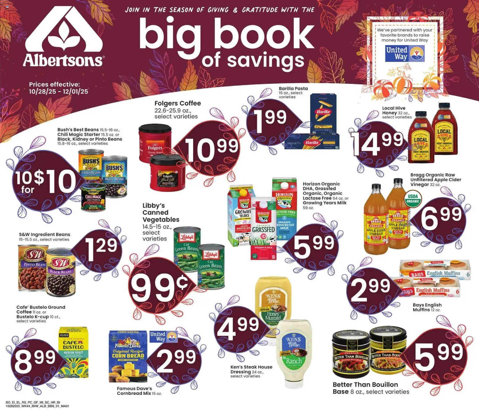 Albertsons Big Book of Savings - valid from 28.10.2025 | Page: 1 | Products: Apple Cider Vinegar, Bread, Coffee, Vegetables