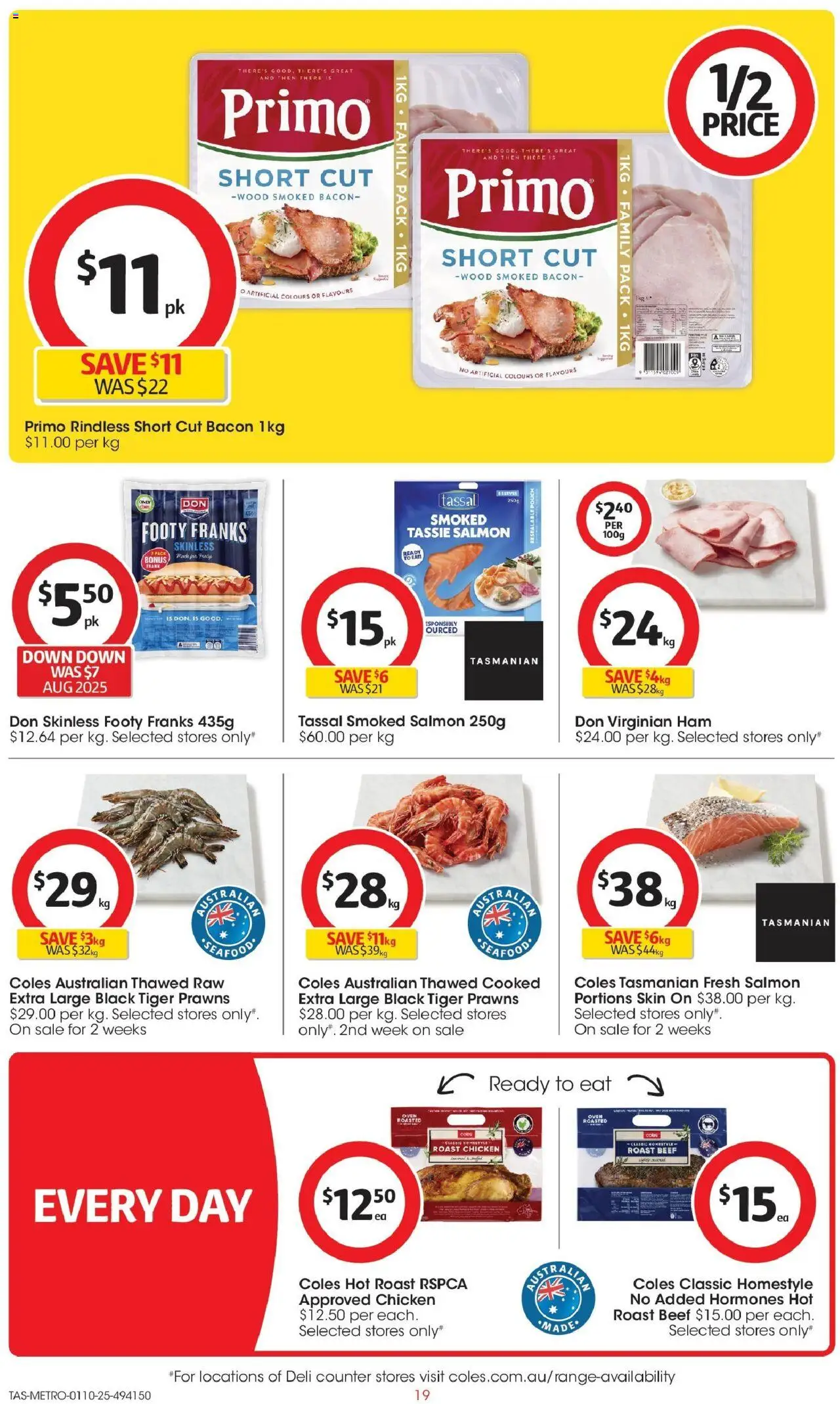 Coles catalogue - valid from 01.10.2025 | Page: 19 | Products: Ham, Beef, Prawns, Salmon