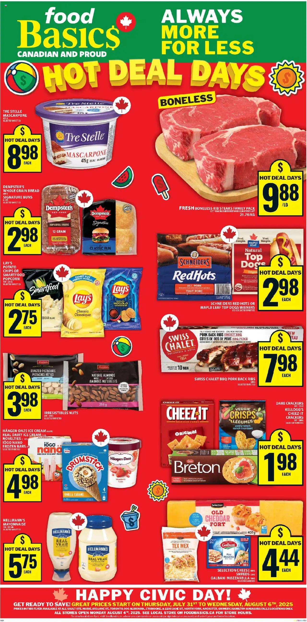 Food Basics flyer valid from 31.07.2025 | Page: 1 | Products: Chips, Nuts, Bread, Pizza