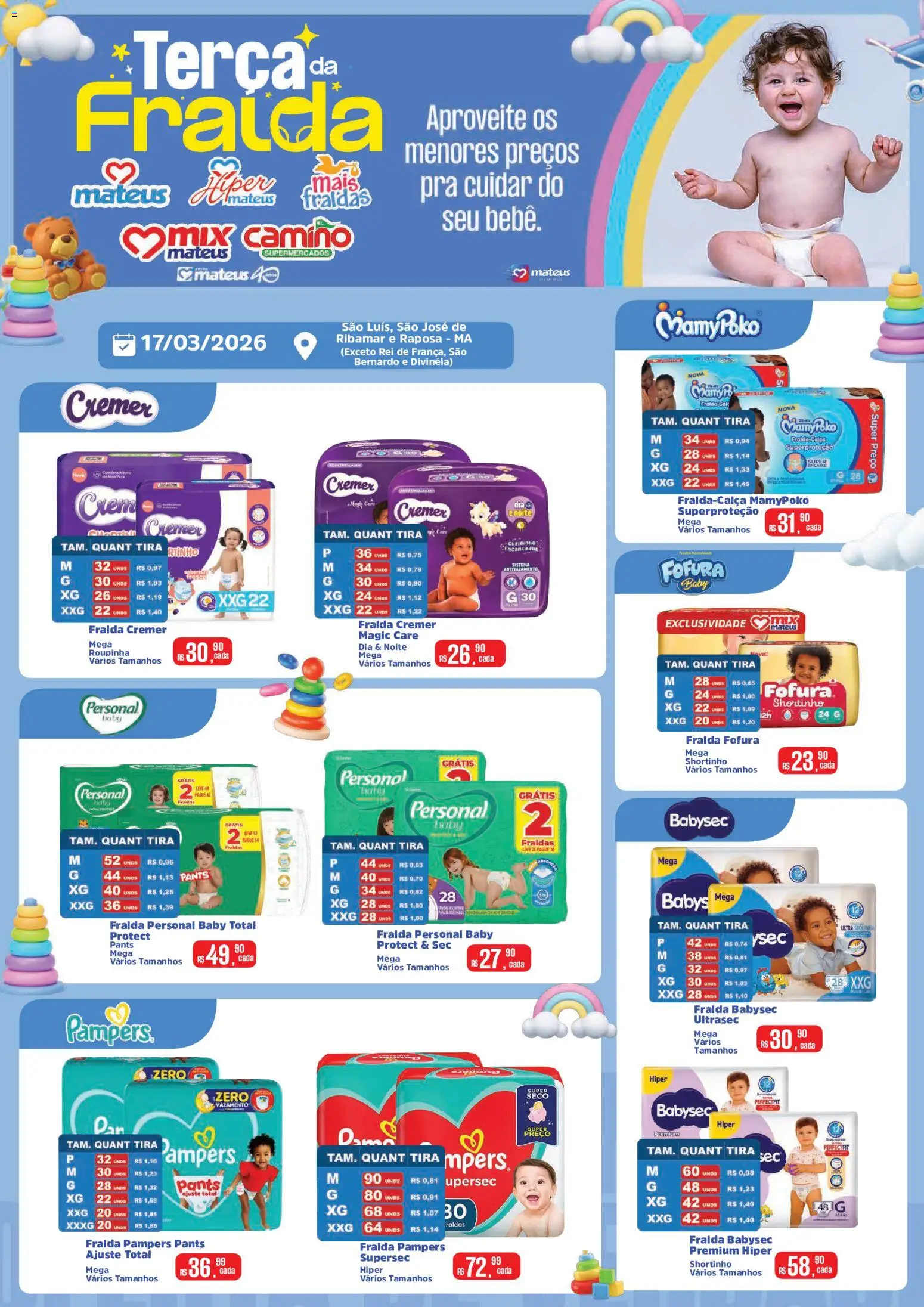 Mateus Folheto - válido de 17.03.2026 | Página: 1 | Produtos: Fralda pampers, Calça, Fraldas, Pá