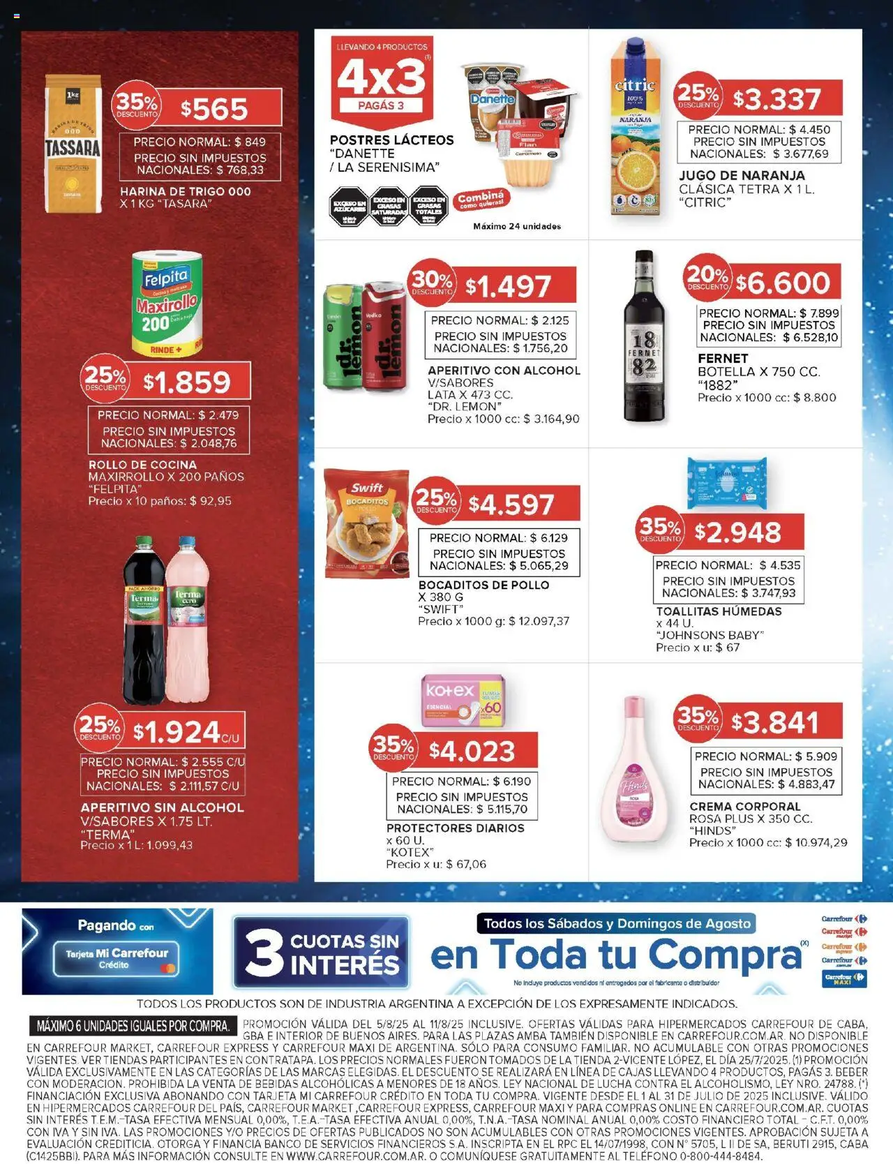 Carrefour ofertas │ válido desde el 05.08.2025 | Página: 11 | Productos: Botella, Fernet, Toallitas húmedas, Jugo