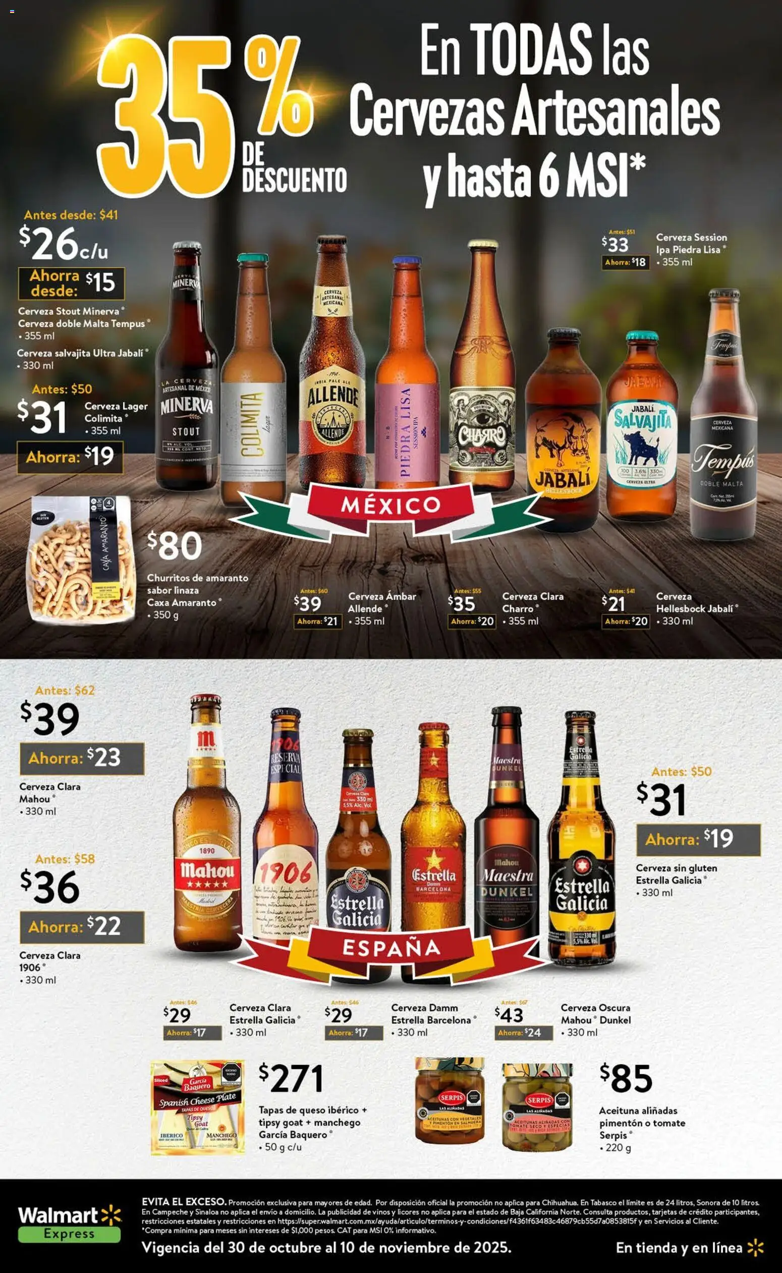 Nuevas ofertas de Walmart Express válidas en toda la República Mexicana desde el 30.10.2025. ¡Encuentra las mejores ofertas en Walmart Express folleto! | Página: 15 | Productos: Aceitunas, Tomate, Queso, Cerveza