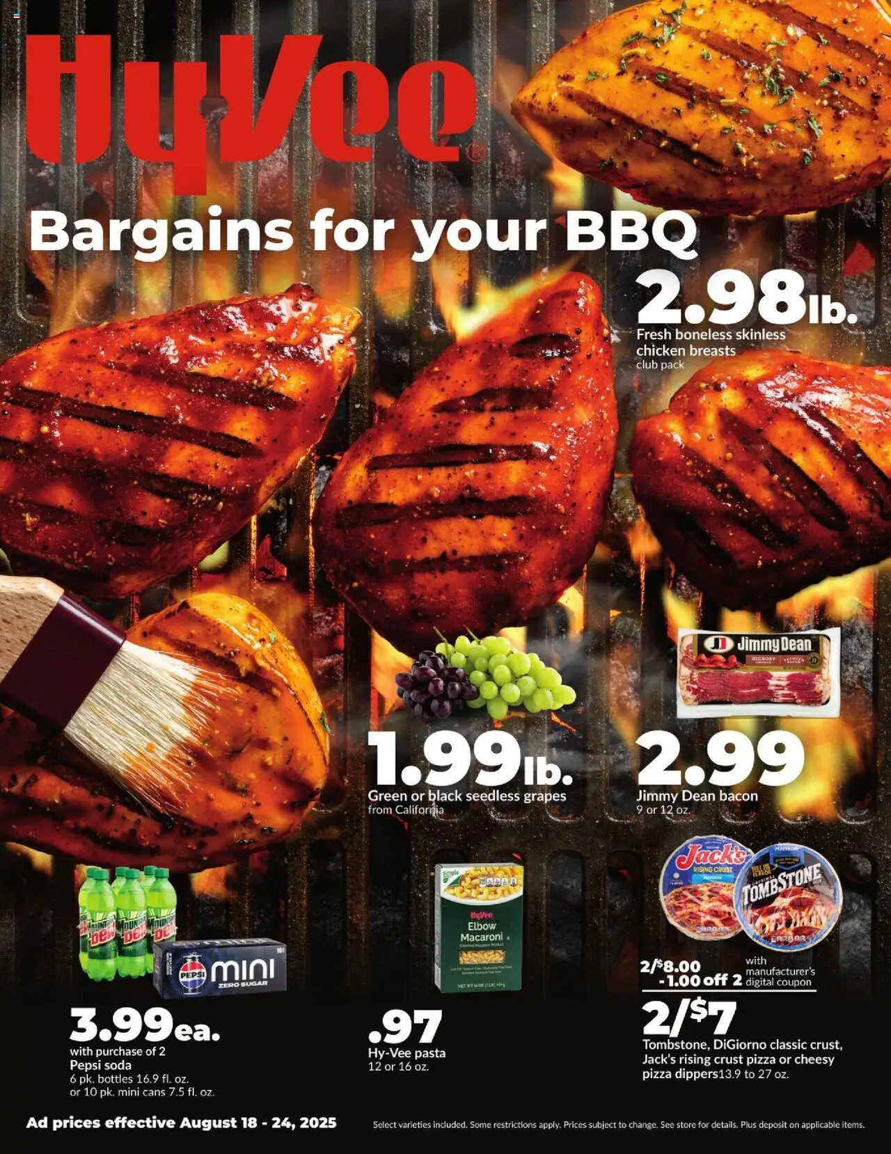 HyVee Weekly Ad - valid from 18.08.2025 | Page: 1 | Products: Pizza, Pasta, Sugar, Grapes