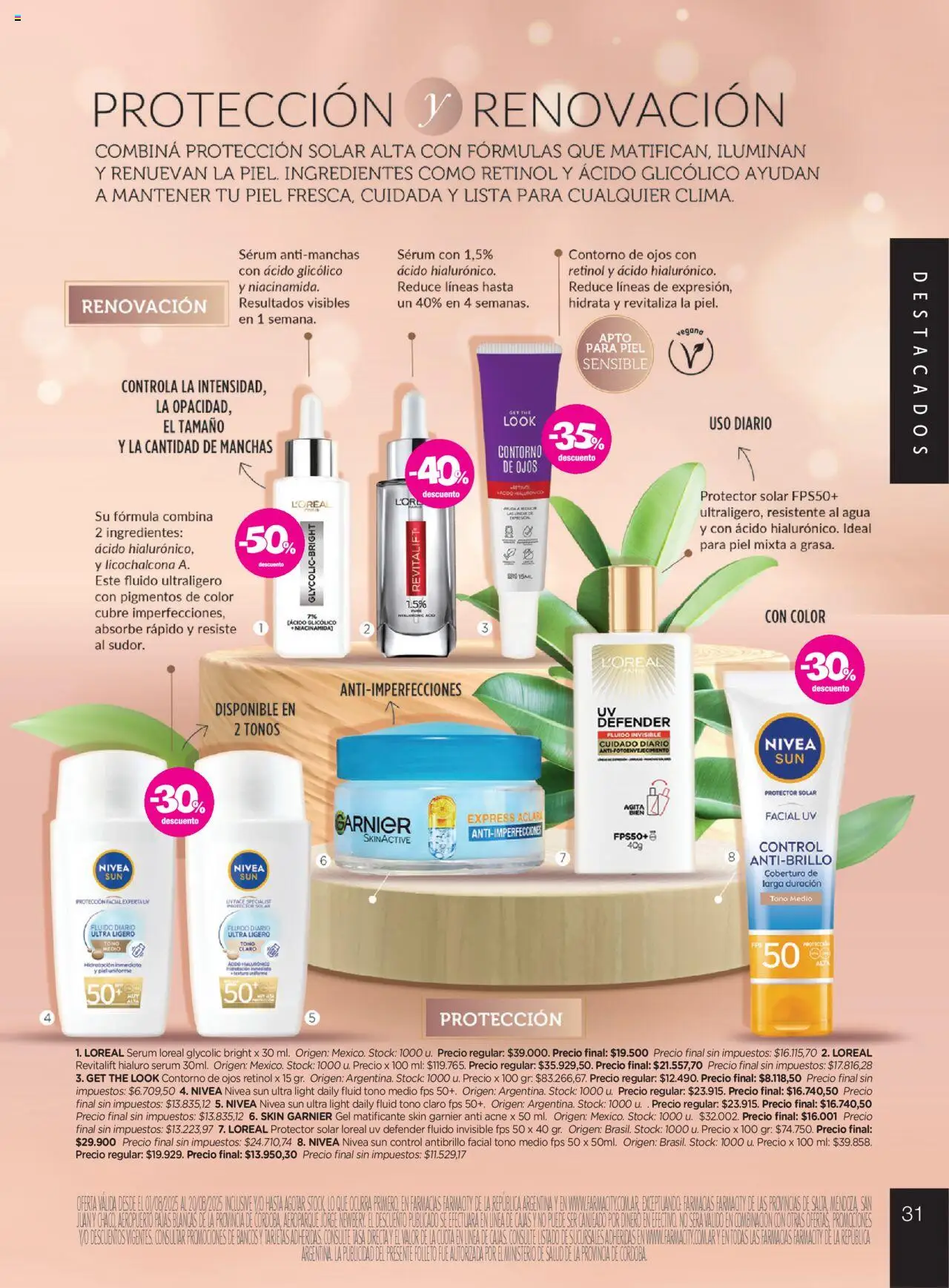 Farmacity catálogo │ válido desde el 01.08.2025 | Página: 31 | Productos: Contorno de ojos, Serum, Protector solar, Agua