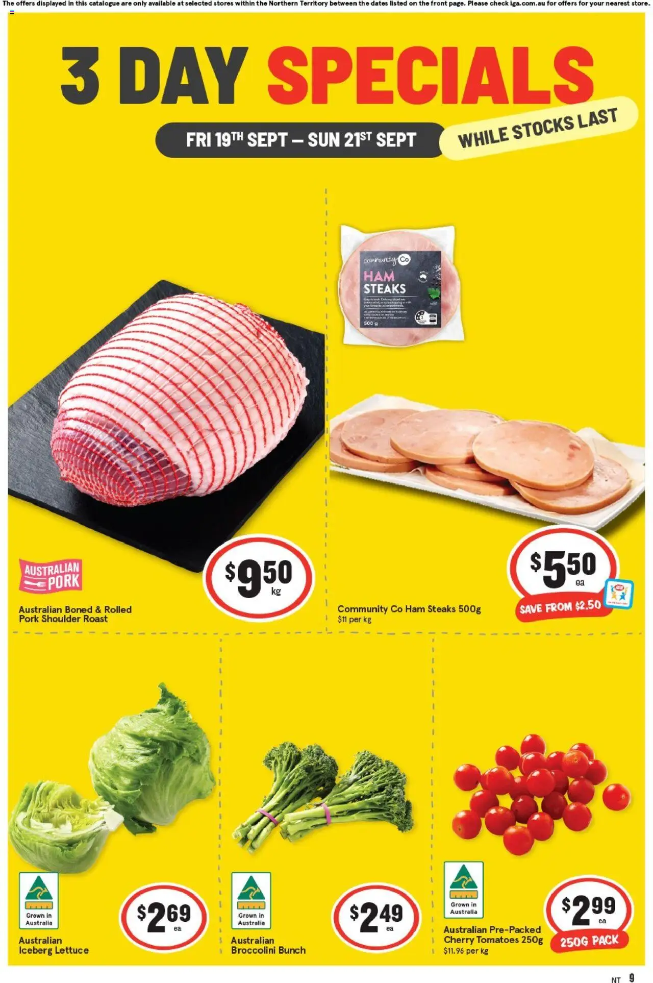 IGA catalogue - valid from 19.09.2025 | Page: 1 | Products: Ham, Pork, Lettuce, Tomatoes