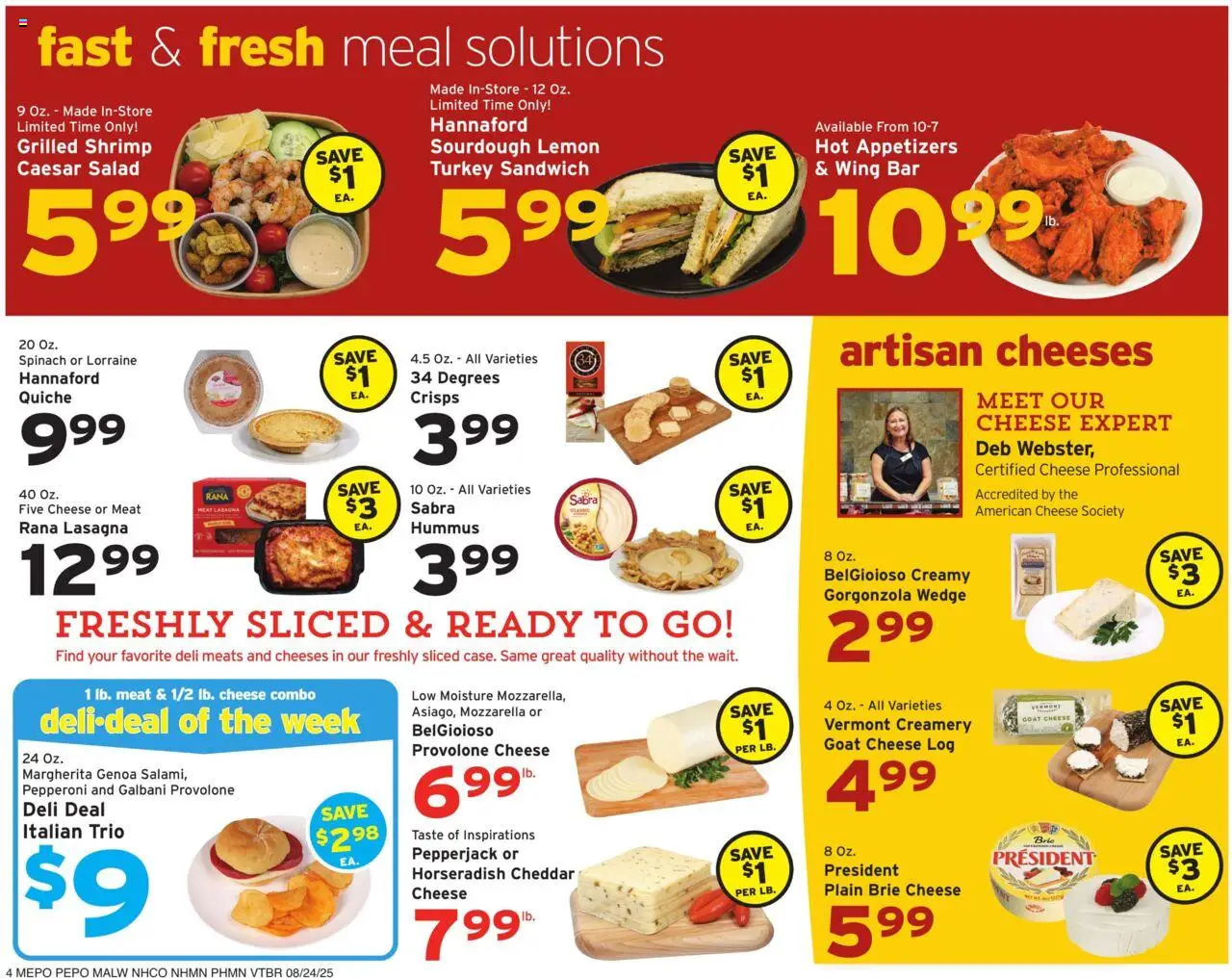Hannaford Weekly Ad - valid from 24.08.2025 | Page: 4 | Products: Spinach, Cheese, Salad, Lemon