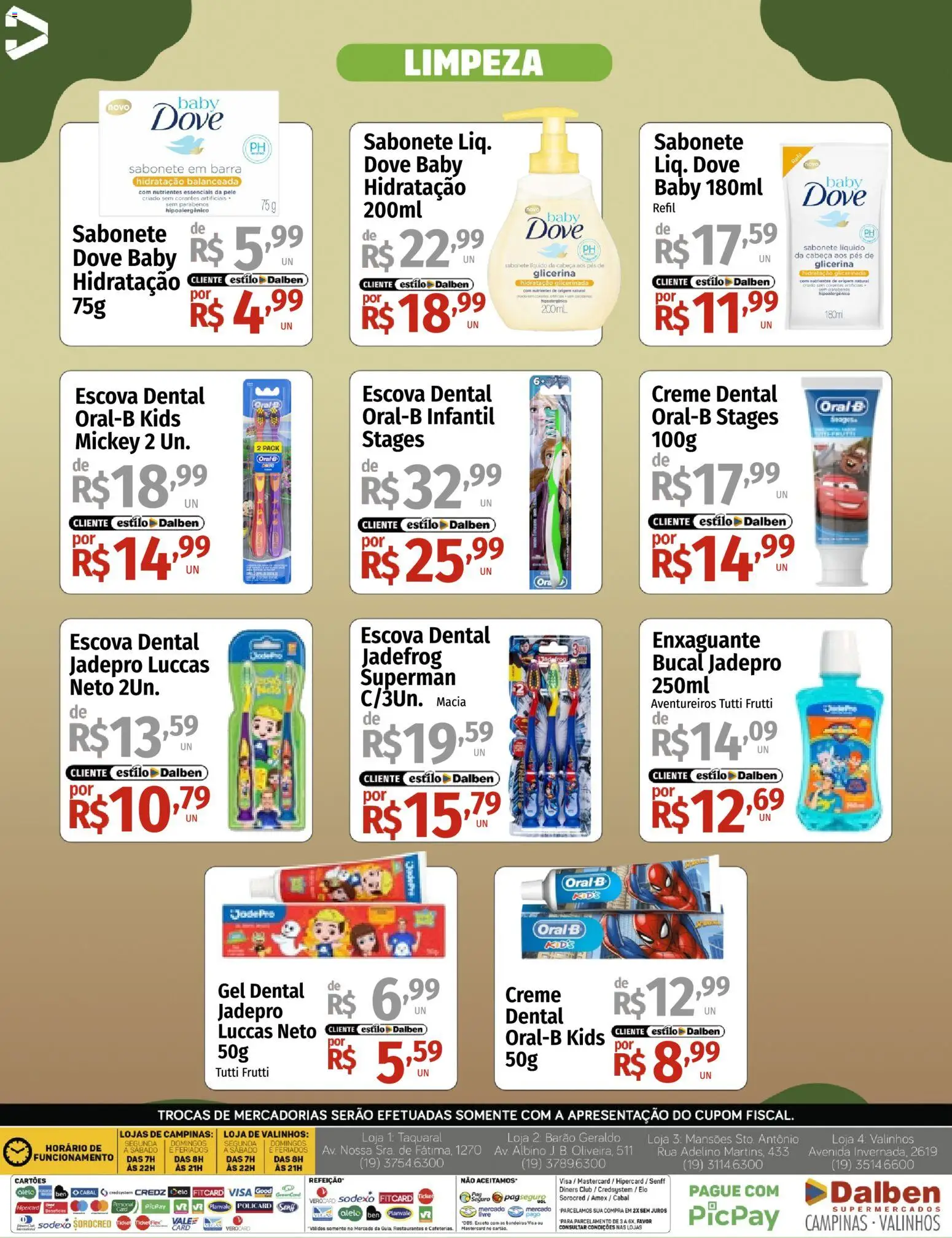 Supermercado Dalben Folheto - válido de 14.04.2026 | Página: 4 | Produtos: Escova, Sabonete, Dove, Creme dental