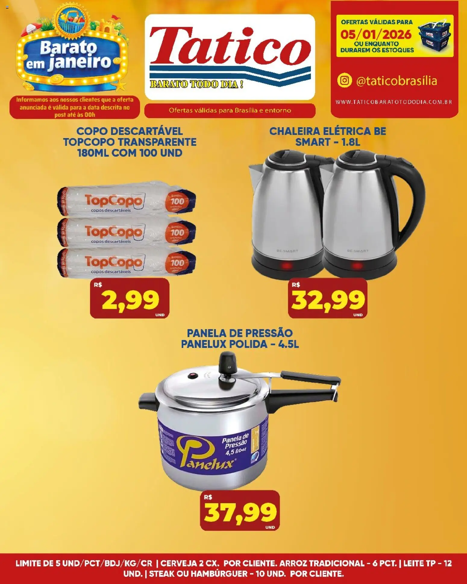 Tatico Folheto - válido de 05.01.2026 | Página: 12 | Produtos: Panela de pressão, Copos descartáveis, Cerveja, Arroz