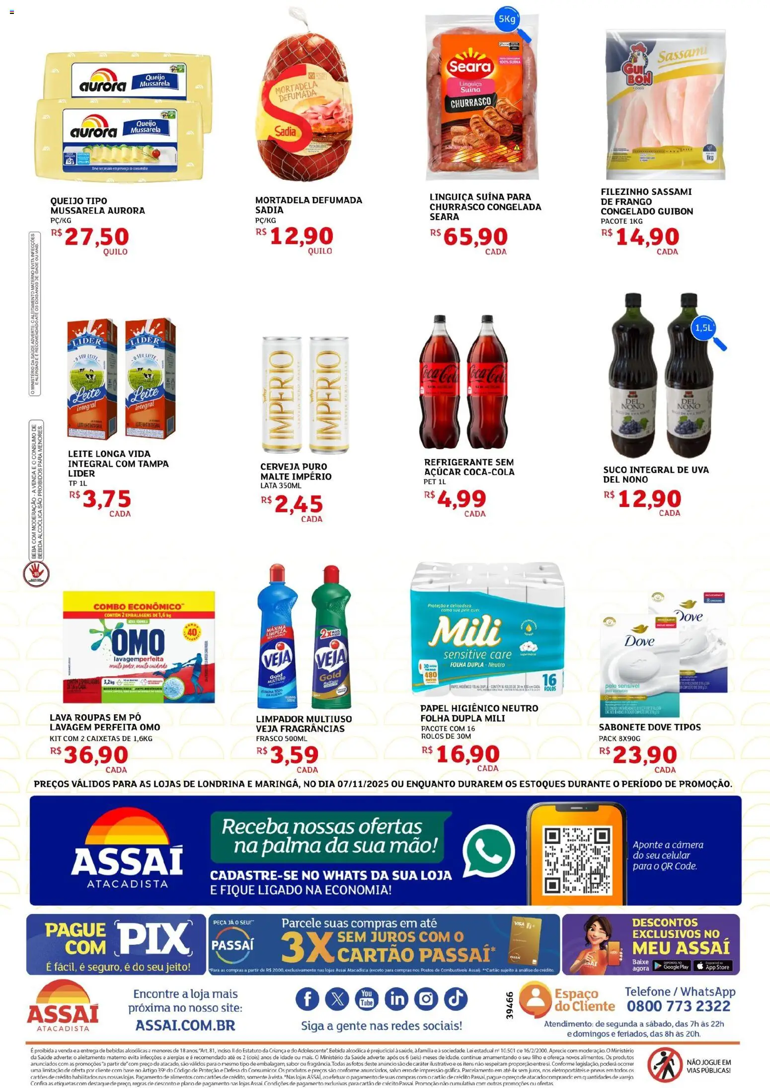 Assaí Atacadista Folheto - válido de 07.11.2025 | Página: 2 | Produtos: Linguiça, Cerveja, Telefone, Papel higiênico