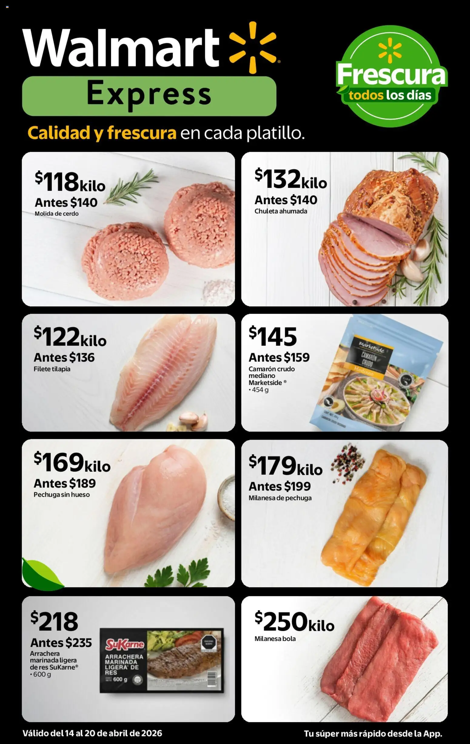 Nuevas ofertas de Walmart Express válidas en toda la República Mexicana desde el 14.04.2026. ¡Encuentra las mejores ofertas en Walmart Express folleto Calidad a precios bajos! | Página: 3 | Productos: Milanesa, Cerdo, Res