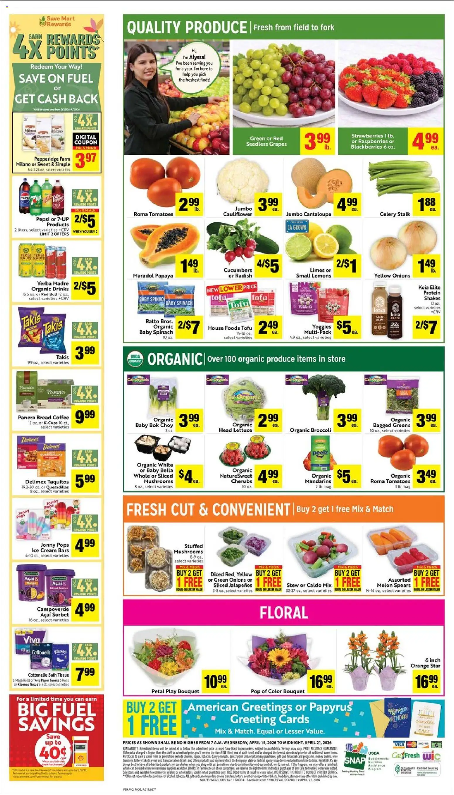 Save Mart Weekly - valid from 15.04.2026 | Page: 4 | Products: Tomatoes, Cucumbers, Ice cream, Mango