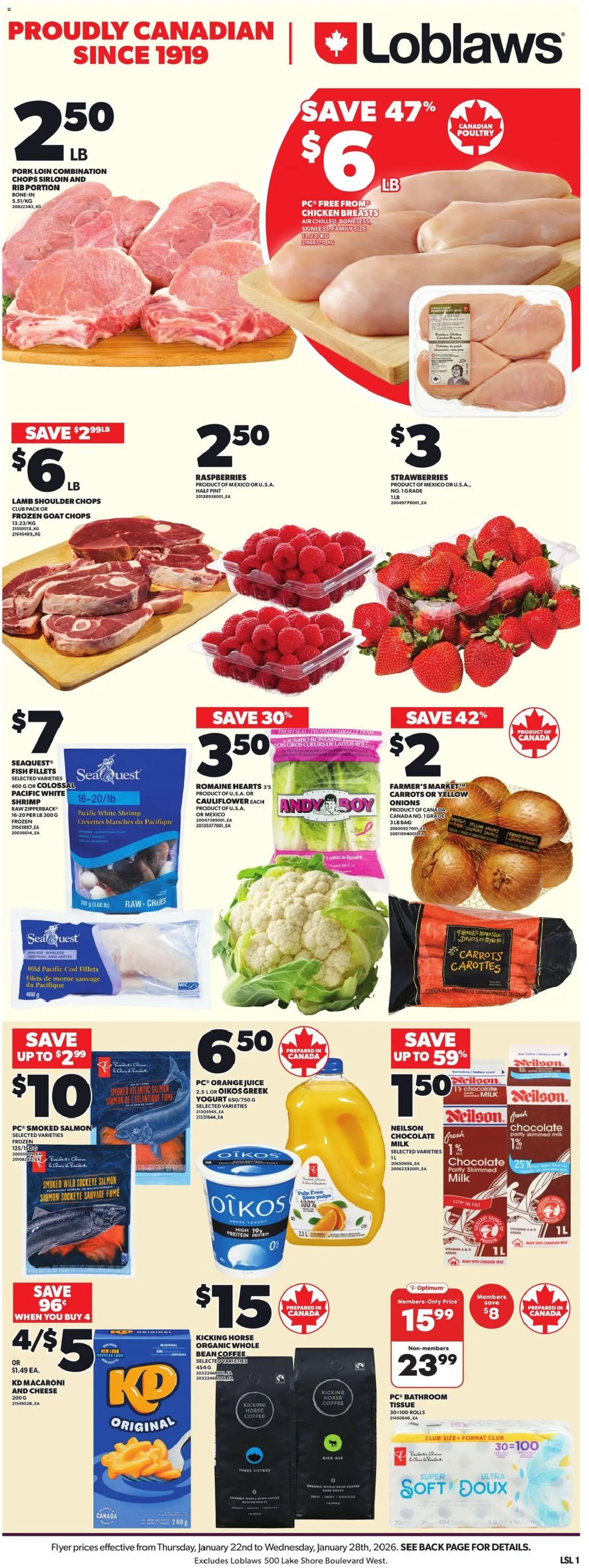 Loblaws flyer valid from 22.01.2026 | Page: 3 | Products: Strawberries, Milk, Coffee, Chicken
